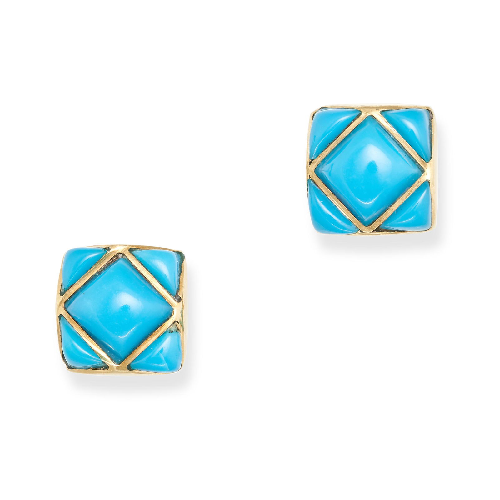 NO RESERVE - A PAIR OF RECONSTITUTED TURQUOISE STUD EARRINGS in 18ct yellow gold, each square face (1 of 1)