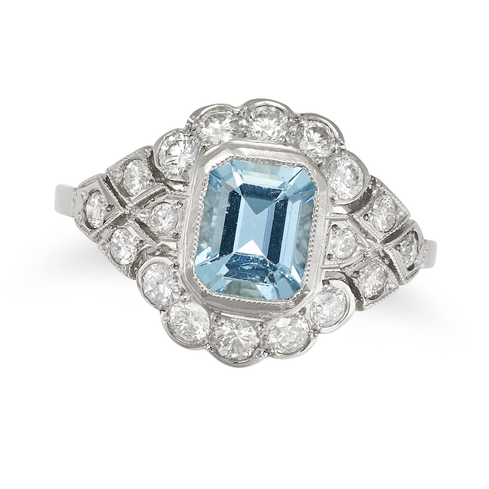 AN AQUAMARINE AND DIAMOND RING in platinum, set with an octagonal step cut aquamarine accented by (1 of 1)
