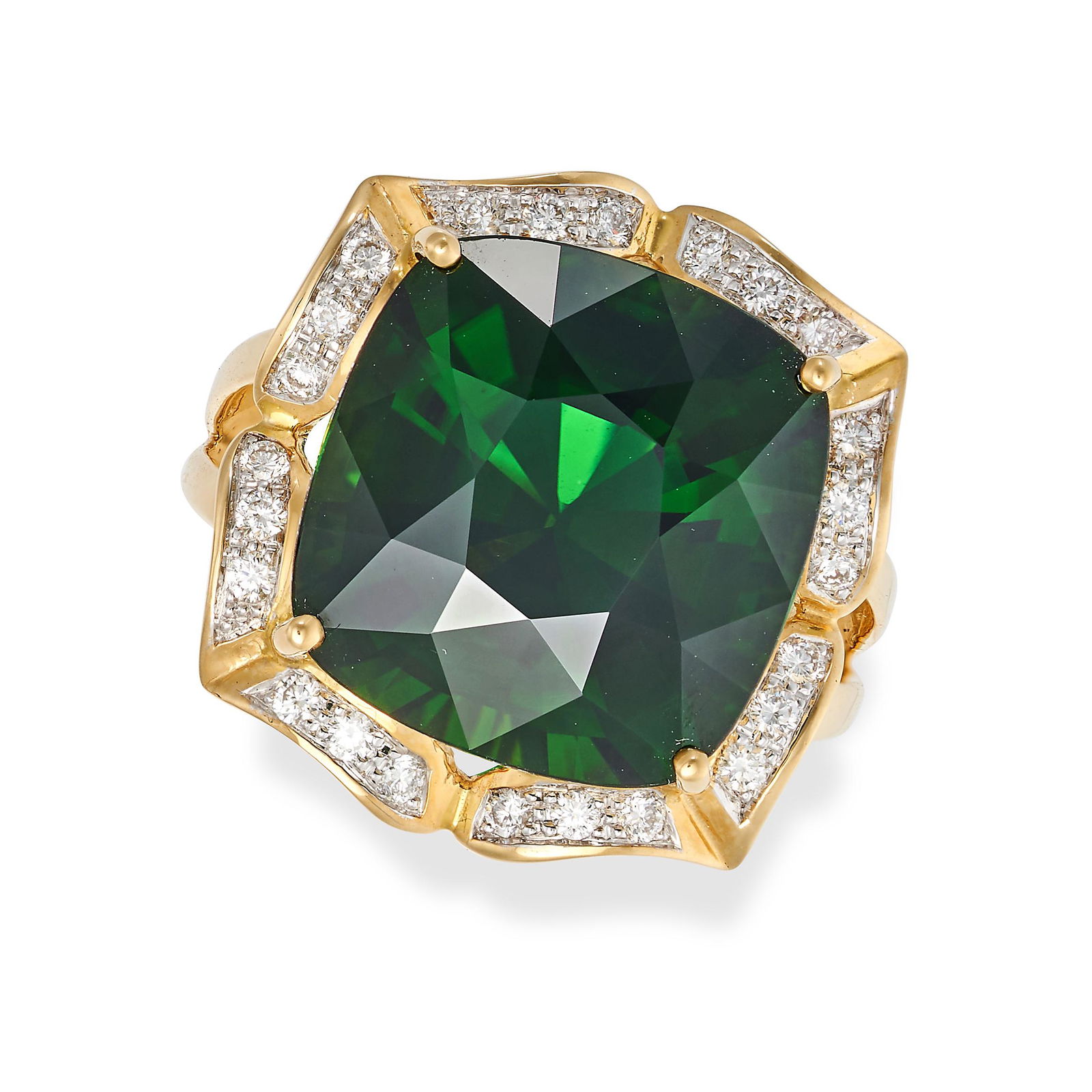 A CHROME TOURMALINE AND DIAMOND RING in 18ct yellow gold, set with a cushion cut chrome green (1 of 2)