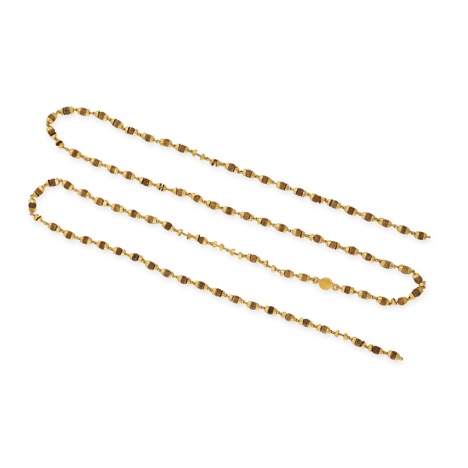 A GOLD AND WOOD NECKLACE in 22ct yellow gold, comprising a series of wooden beads with gold caps, (1 of 1)