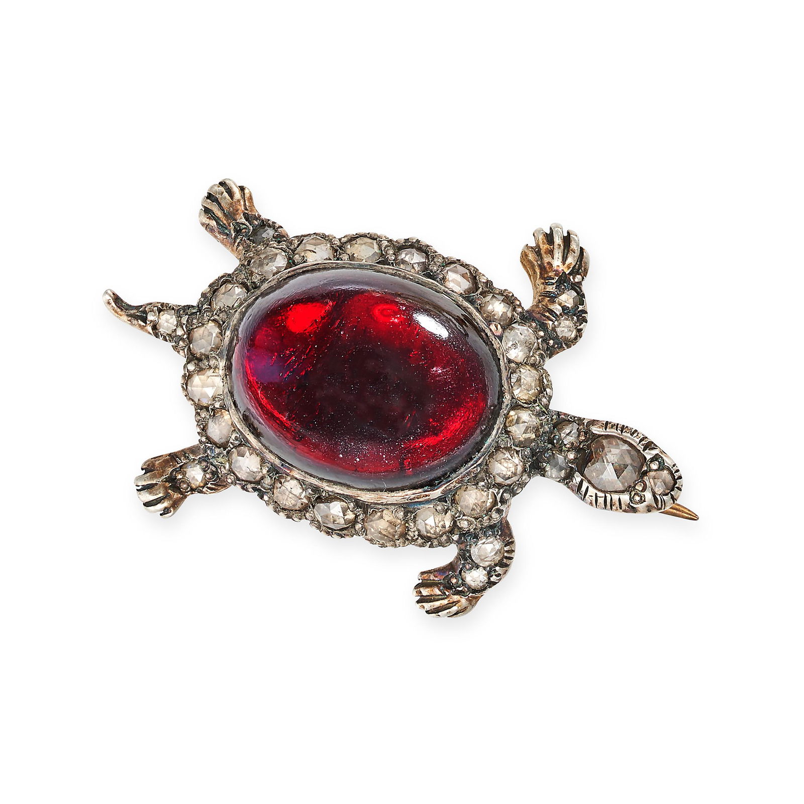 AN ANTIQUE GARNET AND DIAMOND TURTLE BROOCH in yellow gold and silver, designed as a turtle, the: AN ANTIQUE GARNET AND DIAMOND TURTLE BROOCH in yellow gold and silver, designed as a turtle, the shell set with a cabochon cut garnet, the body and head accented by rose cut diamonds, no assay marks,