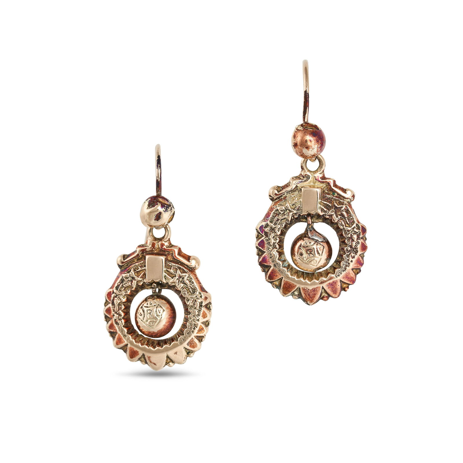 A PAIR OF ANTIQUE DROP EARRINGS each comprising a hoop engraved with foliate design suspending an (1 of 1)