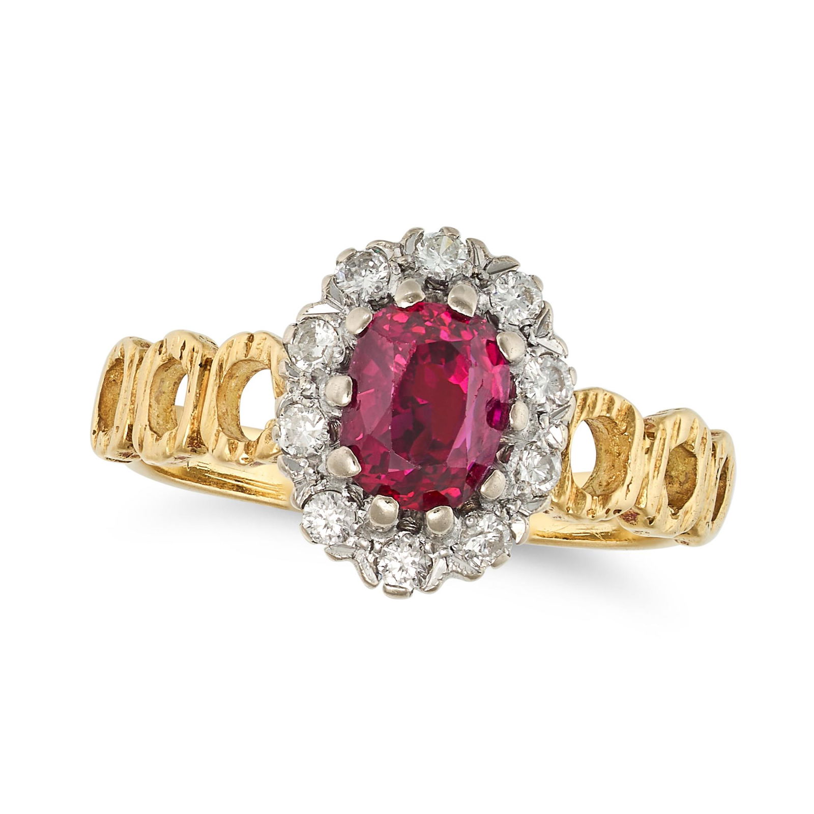 A RUBY AND DIAMOND CLUSTER RING in 18ct yellow gold, set with an oval cut ruby in a cluster of round (1 of 2)