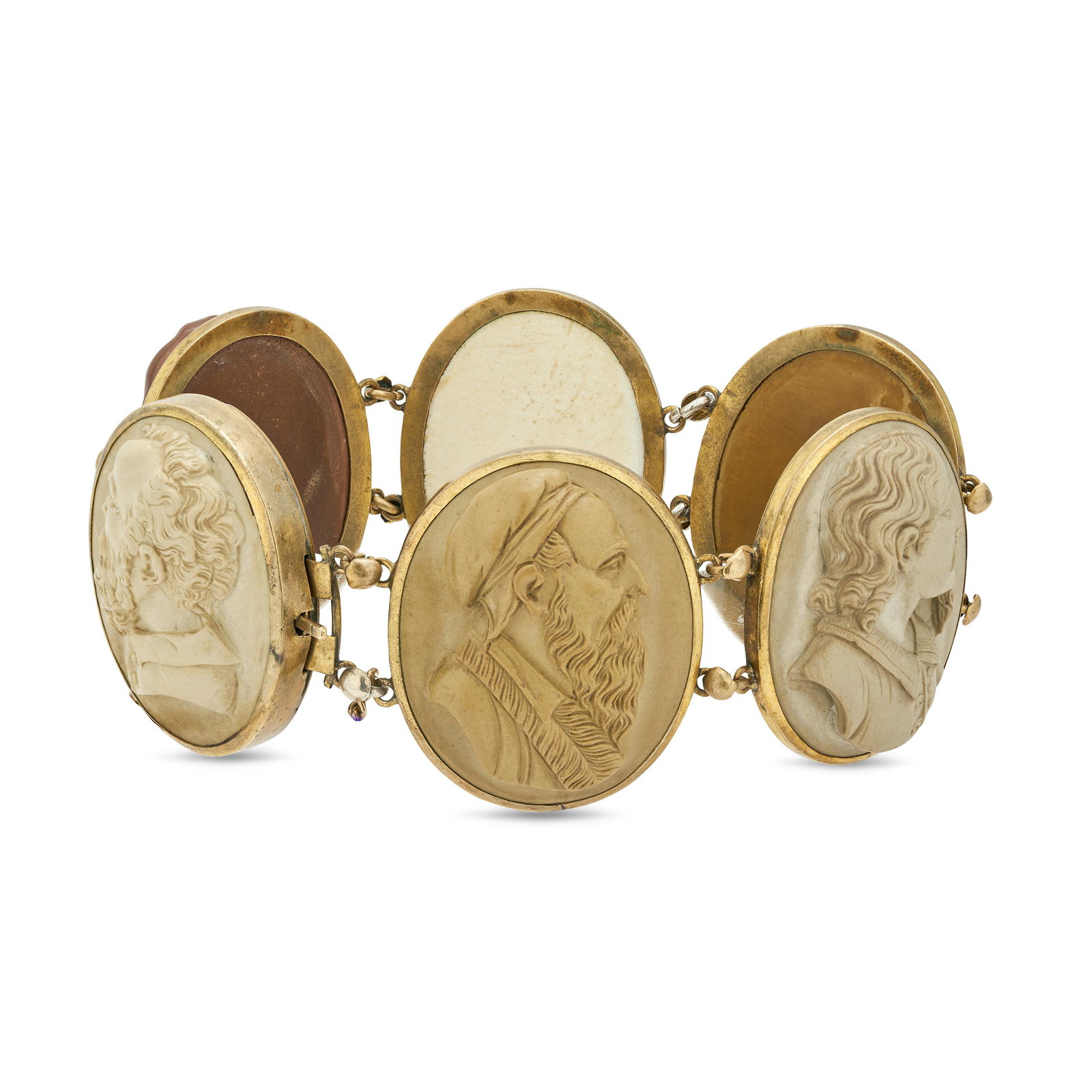 AN ANTIQUE LAVA CAMEO BRACELET comprising a row of six carved lava cameos depicting the busts of (1 of 2)
