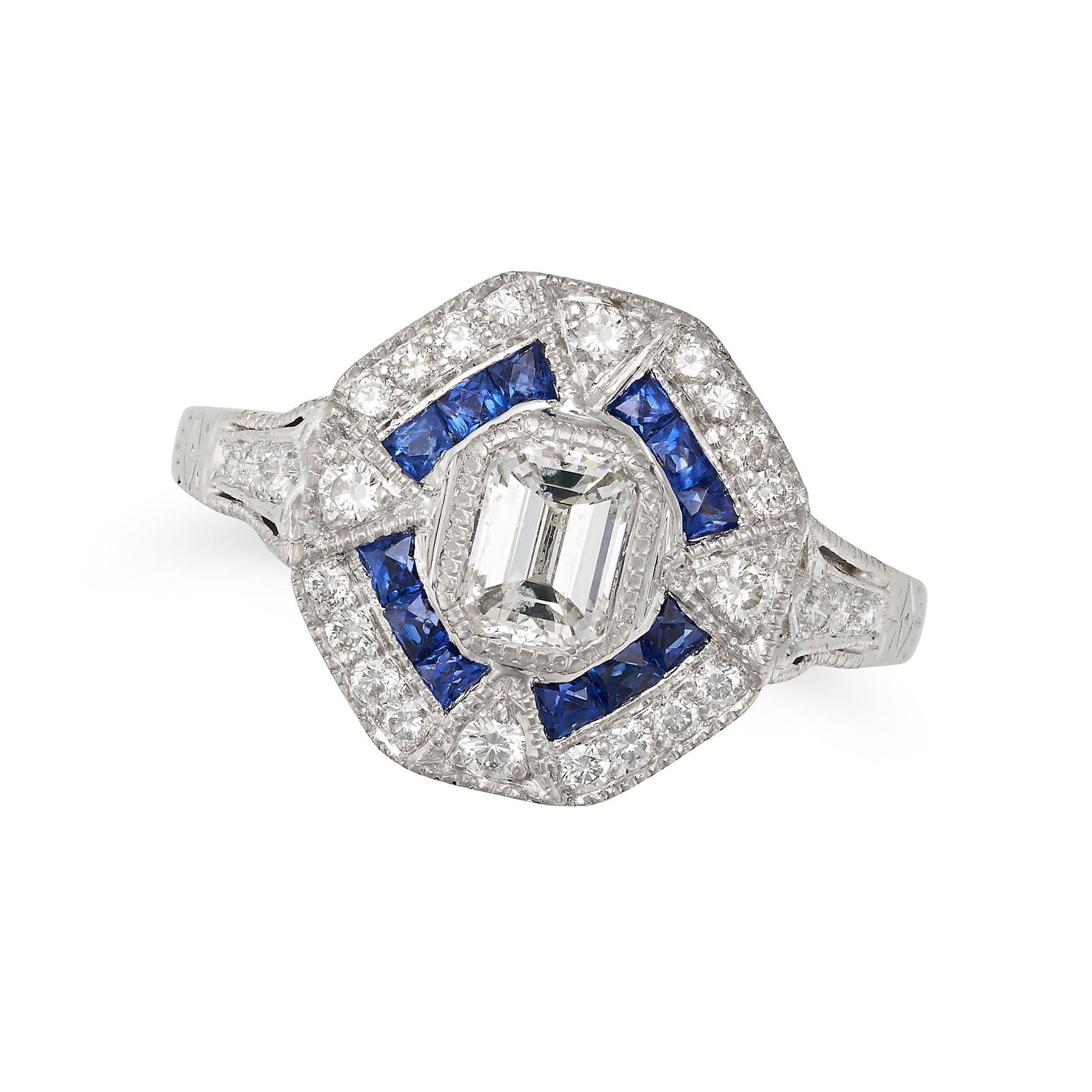 A SAPPHIRE AND DIAMOND DRESS RING in platinum, set with an emerald cut diamond of approximately 0.40 (1 of 2)