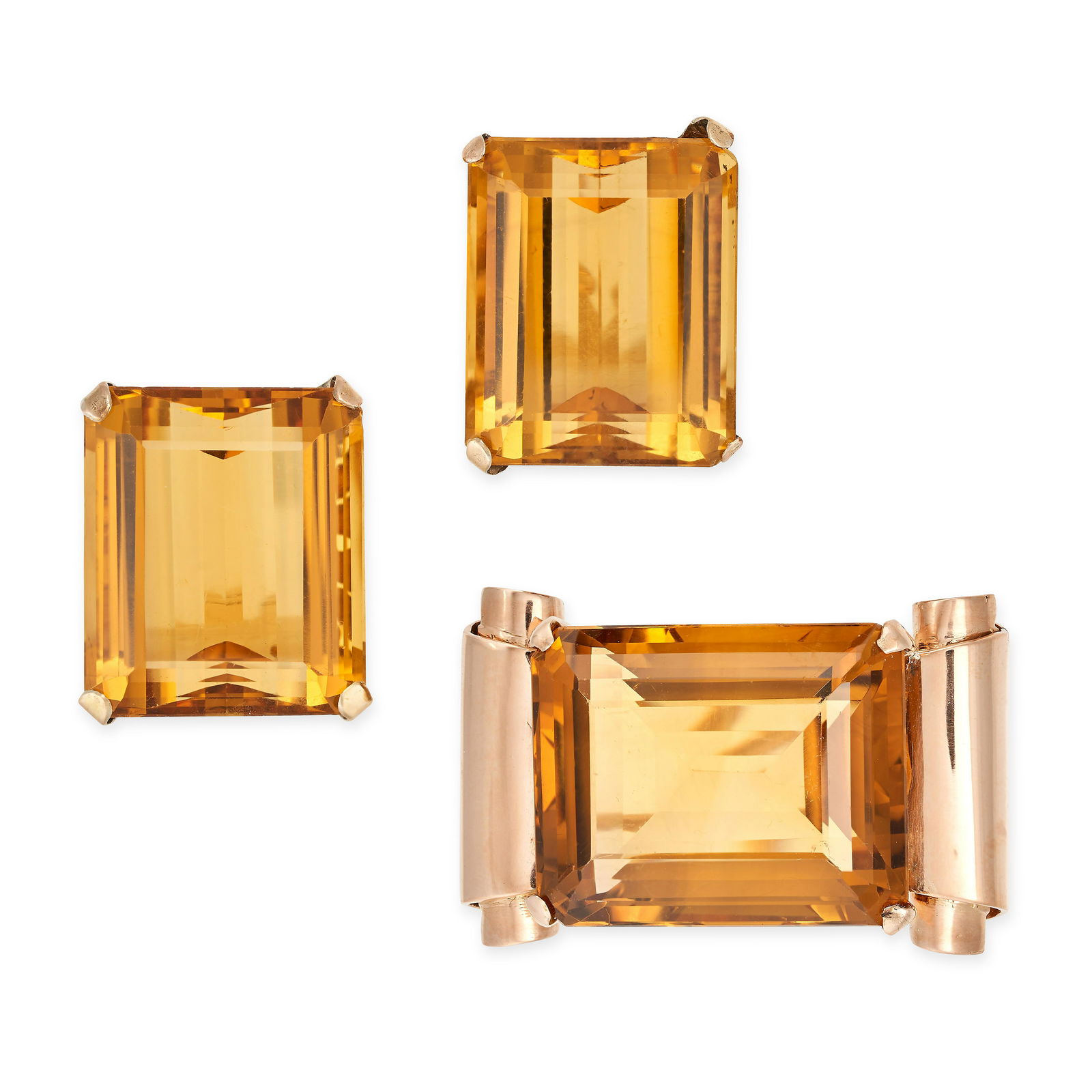 A RETRO CITRINE BROOCH AND EARRINGS SET in 18ct rose gold, the brooch set with an octagonal step cut (1 of 1)