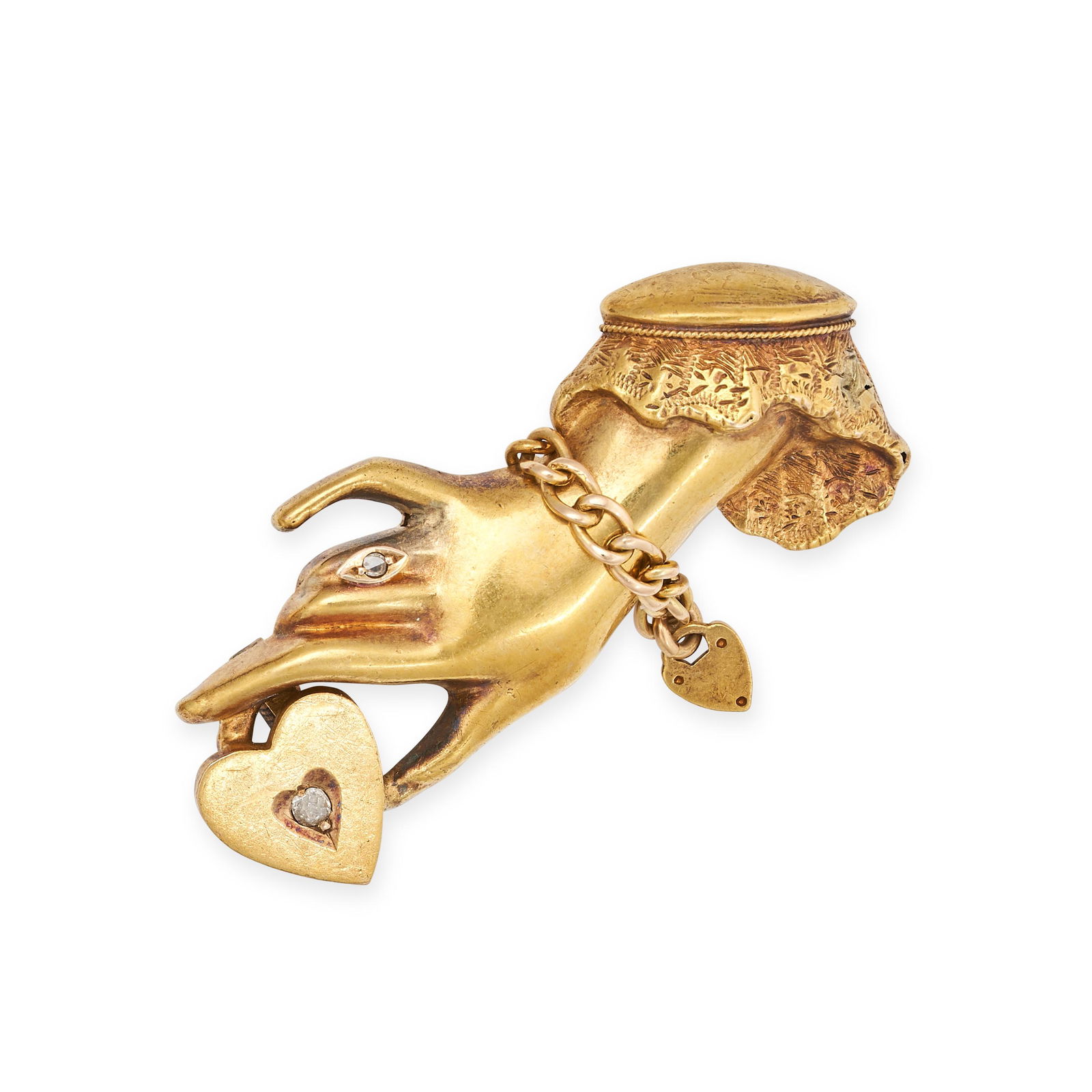 AN ANTIQUE DIAMOND HAND AND HEART BROOCH in 15ct yellow gold, designed as a hand holding heart set (1 of 1)