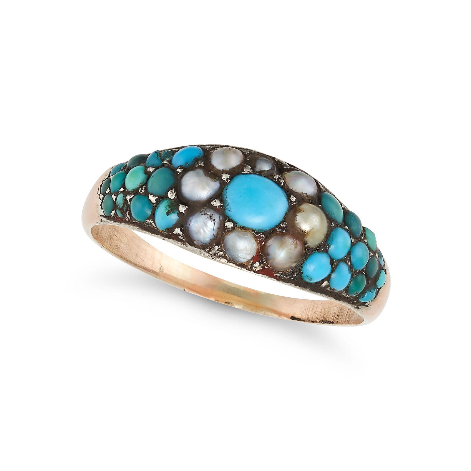 A TURQUOISE AND PEARL RING in 9ct rose gold, set with cabochon turquoise and seed pearls, no assay (1 of 2)