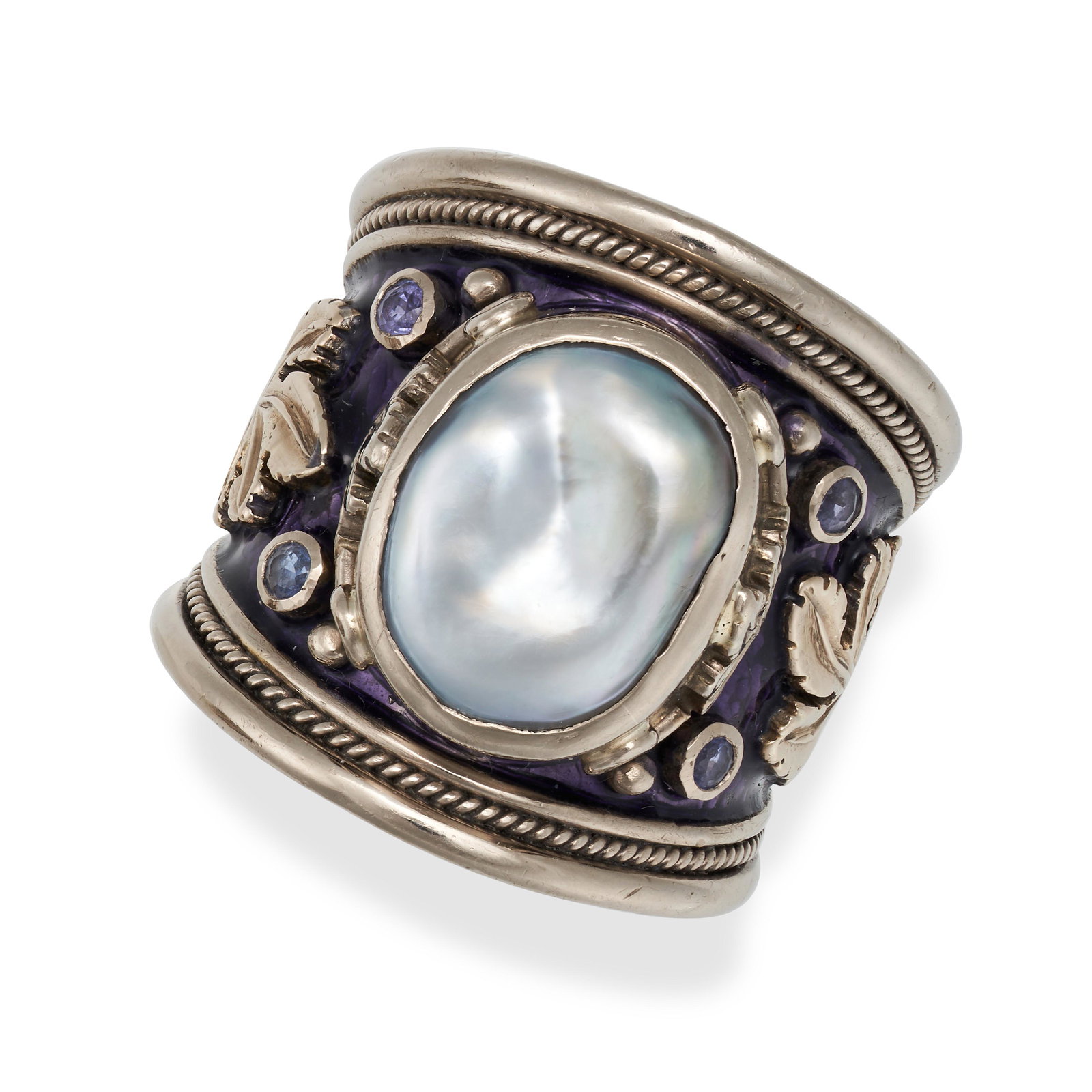ELIZABETH GAGE, A KESHI PEARL, TANZANITE AND ENAMEL TEMPLAR RING in 18ct white gold, set with a (1 of 5)