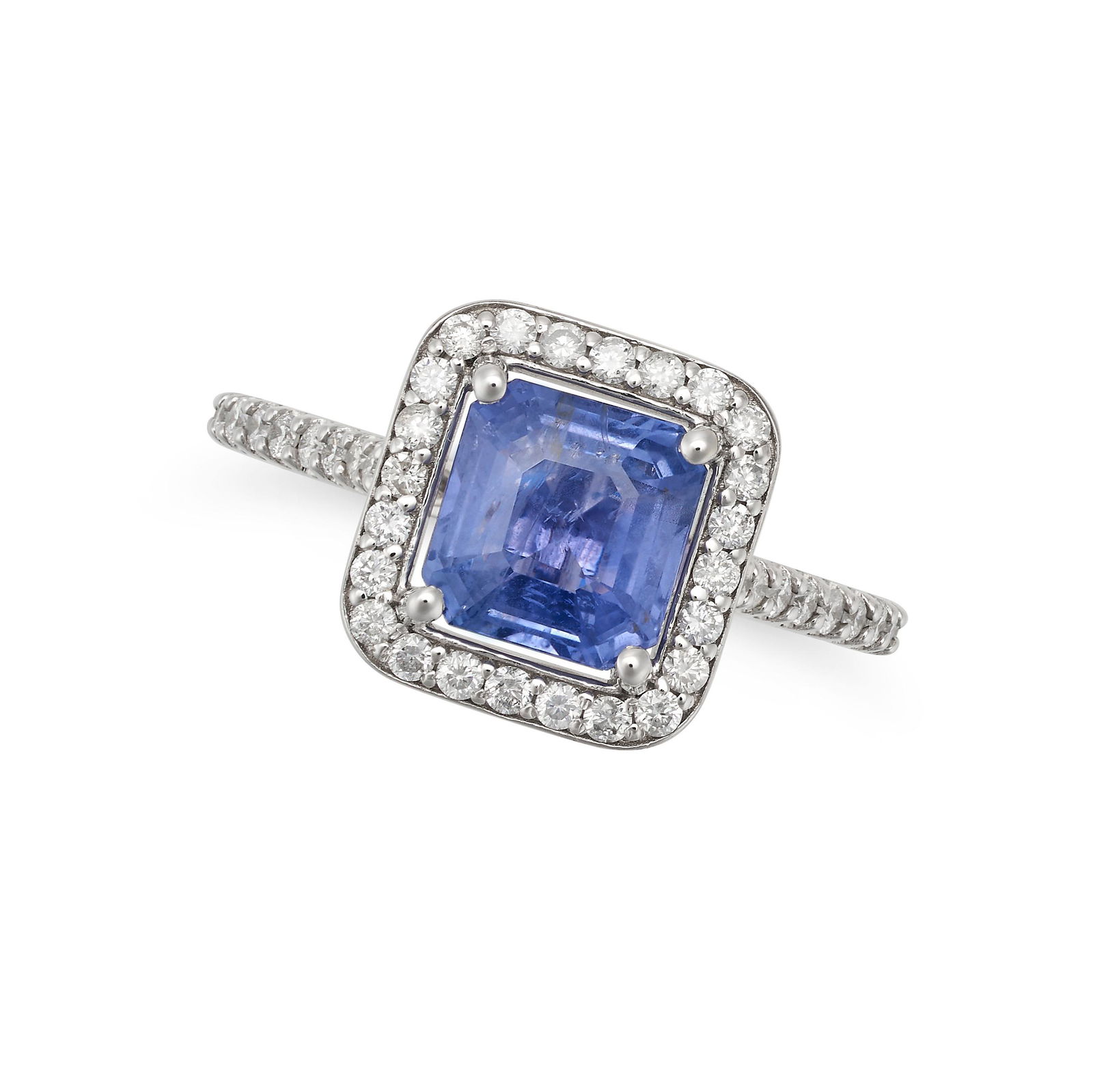 AN UNHEATED COLOUR CHANGE SAPPHIRE AND DIAMOND RING in platinum, set with an octagonal step cut: AN UNHEATED COLOUR CHANGE SAPPHIRE AND DIAMOND RING in platinum, set with an octagonal step cut colour change sapphire of 2.23 carats in a border of round brilliant cut diamonds, the shoulders set wit