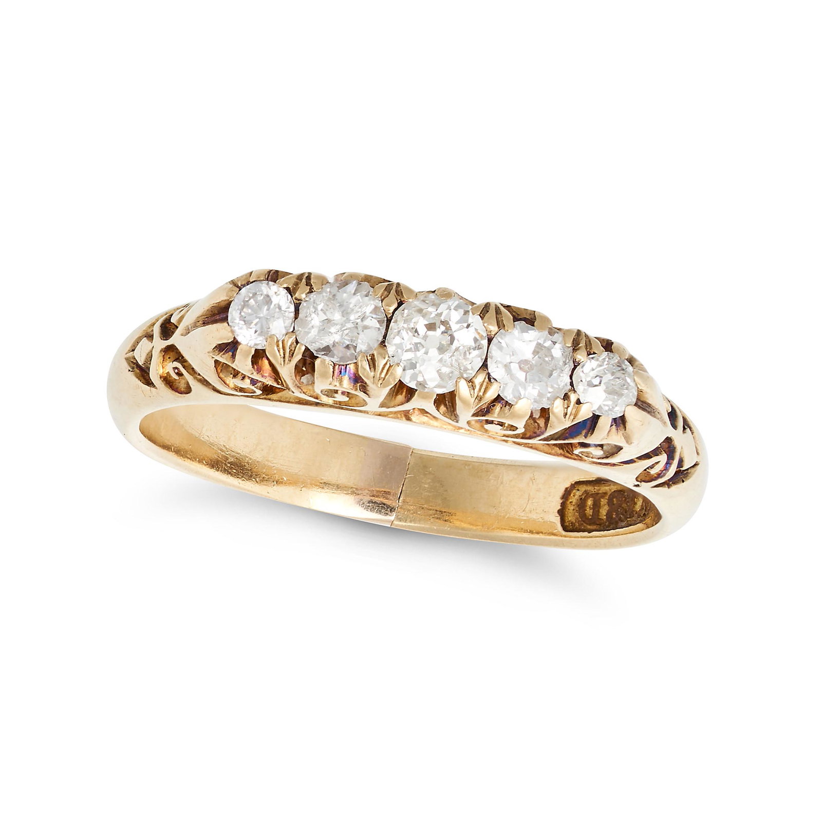 NO RESERVE - AN ANTIQUE FIVE STONE DIAMOND RING in 18ct yellow gold, comprising a row of five (1 of 2)