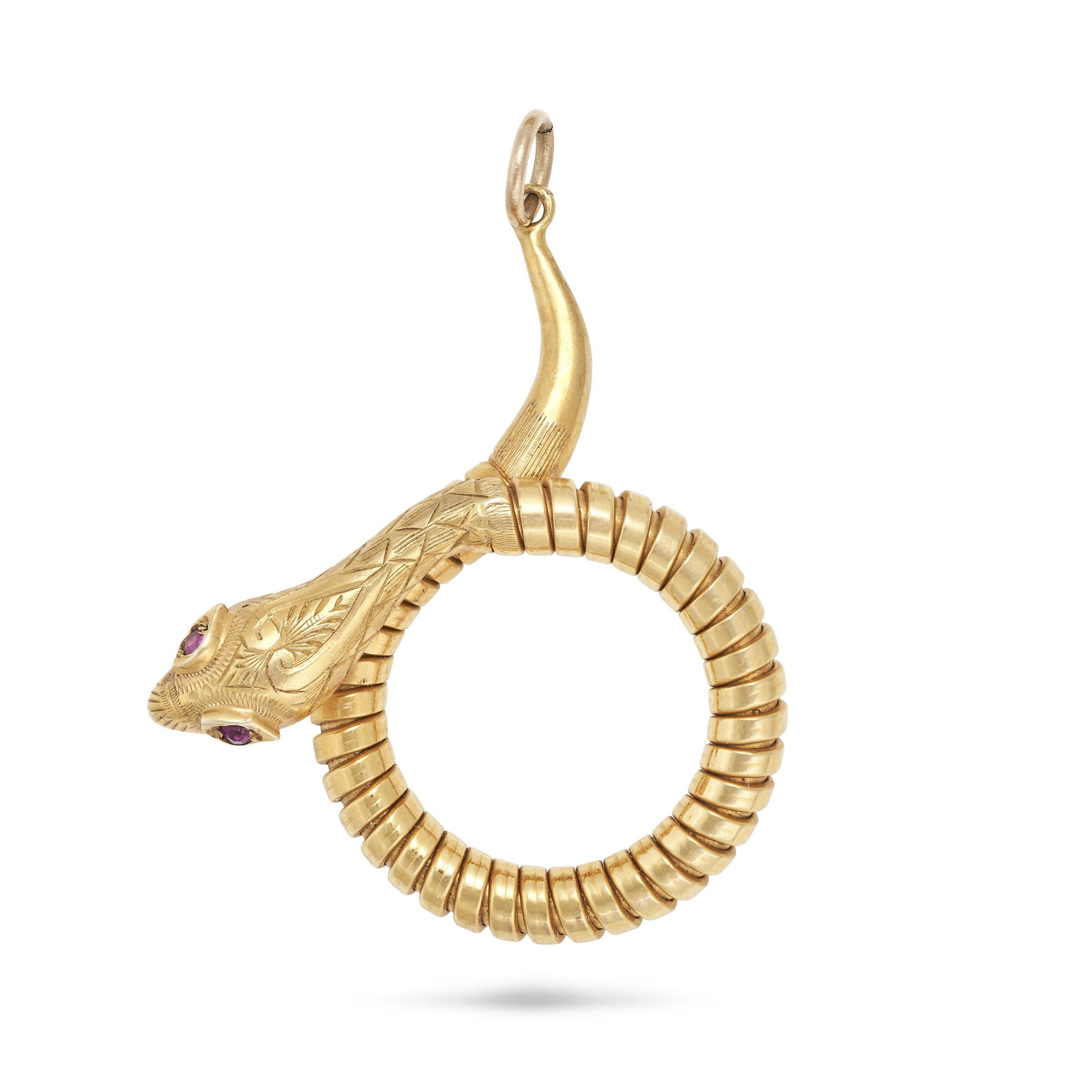 NO RESERVE - A RUBY SNAKE PENDANT in 9ct yellow gold, designed as a coiled snake with a gas pipe (1 of 2)