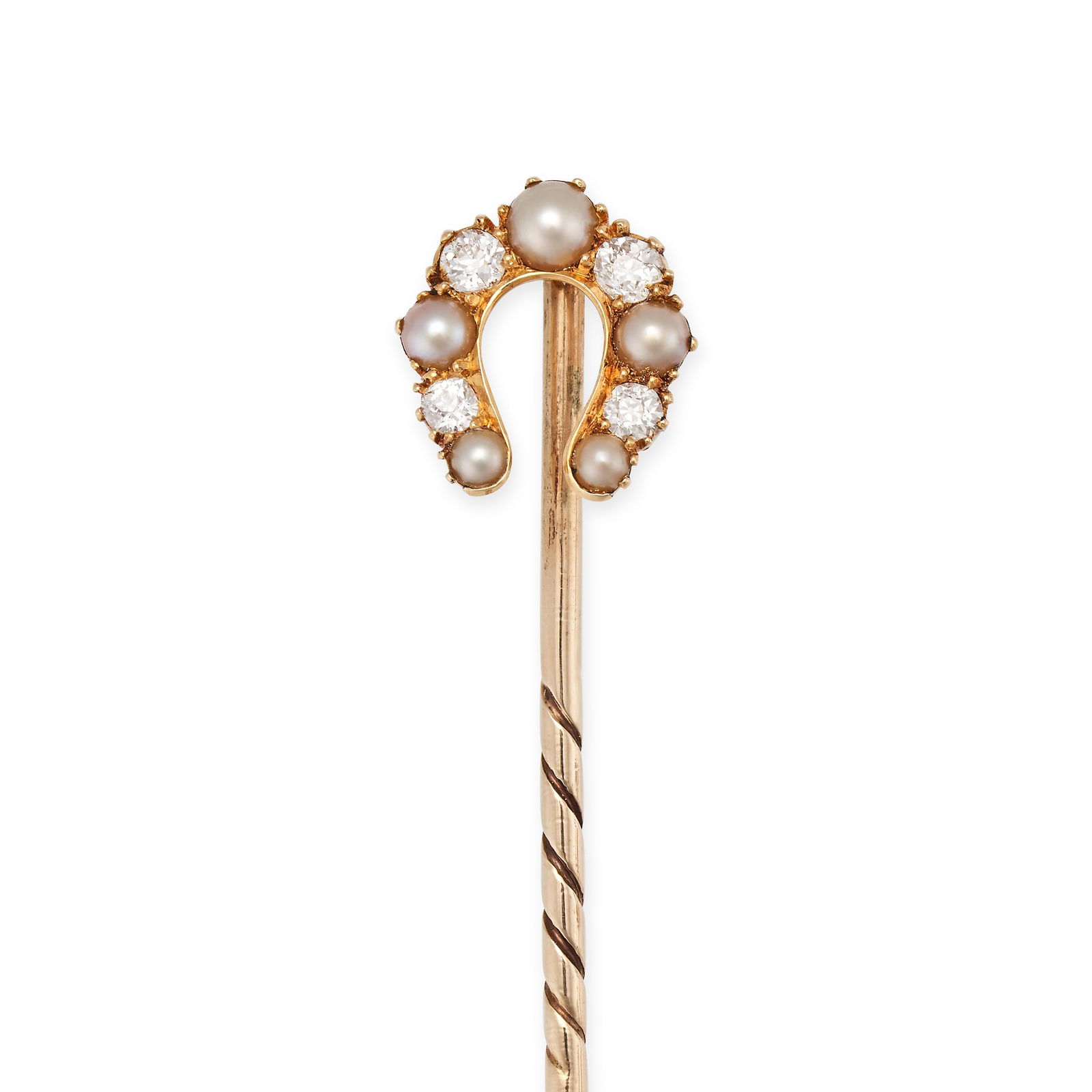 AN ANTIQUE PEARL AND DIAMOND HORSESHOE STICK PIN in yellow gold, the horseshoe set with alternati... (1 of 1)