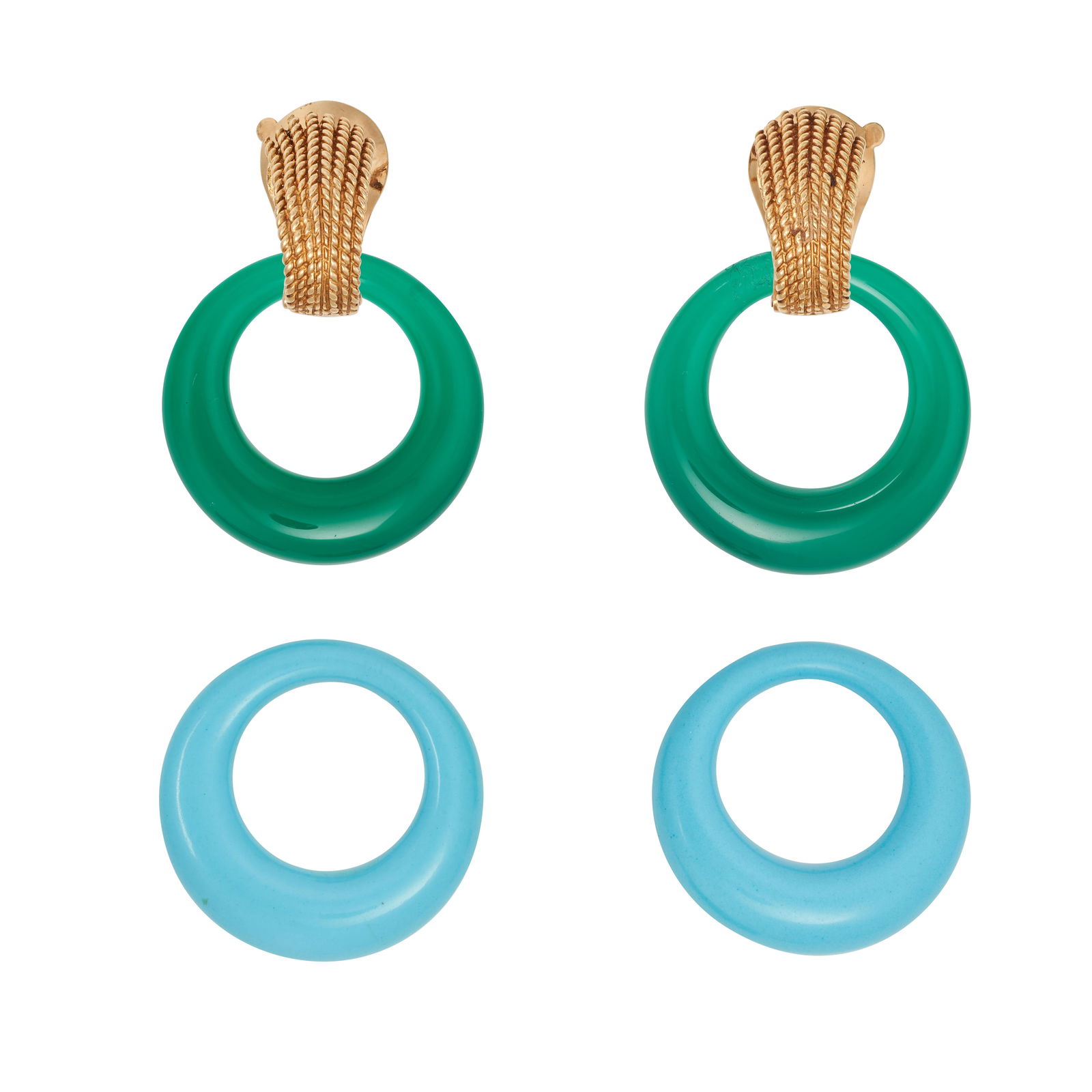 VAN CLEEF & ARPELS, A PAIR OF INTERCHANGEABLE CHRYSOPRASE AND TURQUOISE CLIP EARRINGS, 1970S in 18ct (1 of 1)