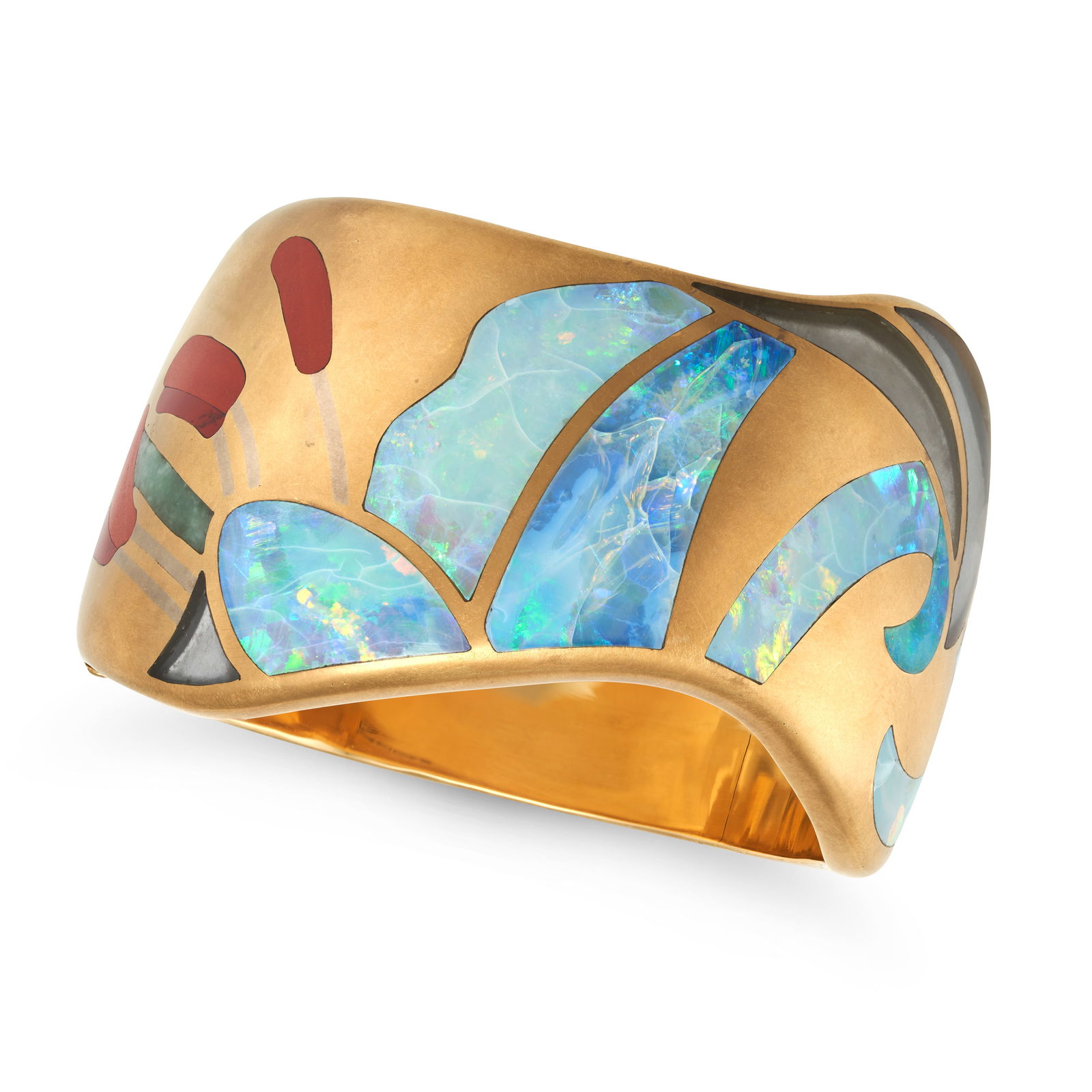 ANGELA CUMMINGS FOR TIFFANY & CO., A RARE OPAL, CARNELIAN, ROCK CRYSTAL AND HARDSTONE LILY BANGLE, (1 of 2)