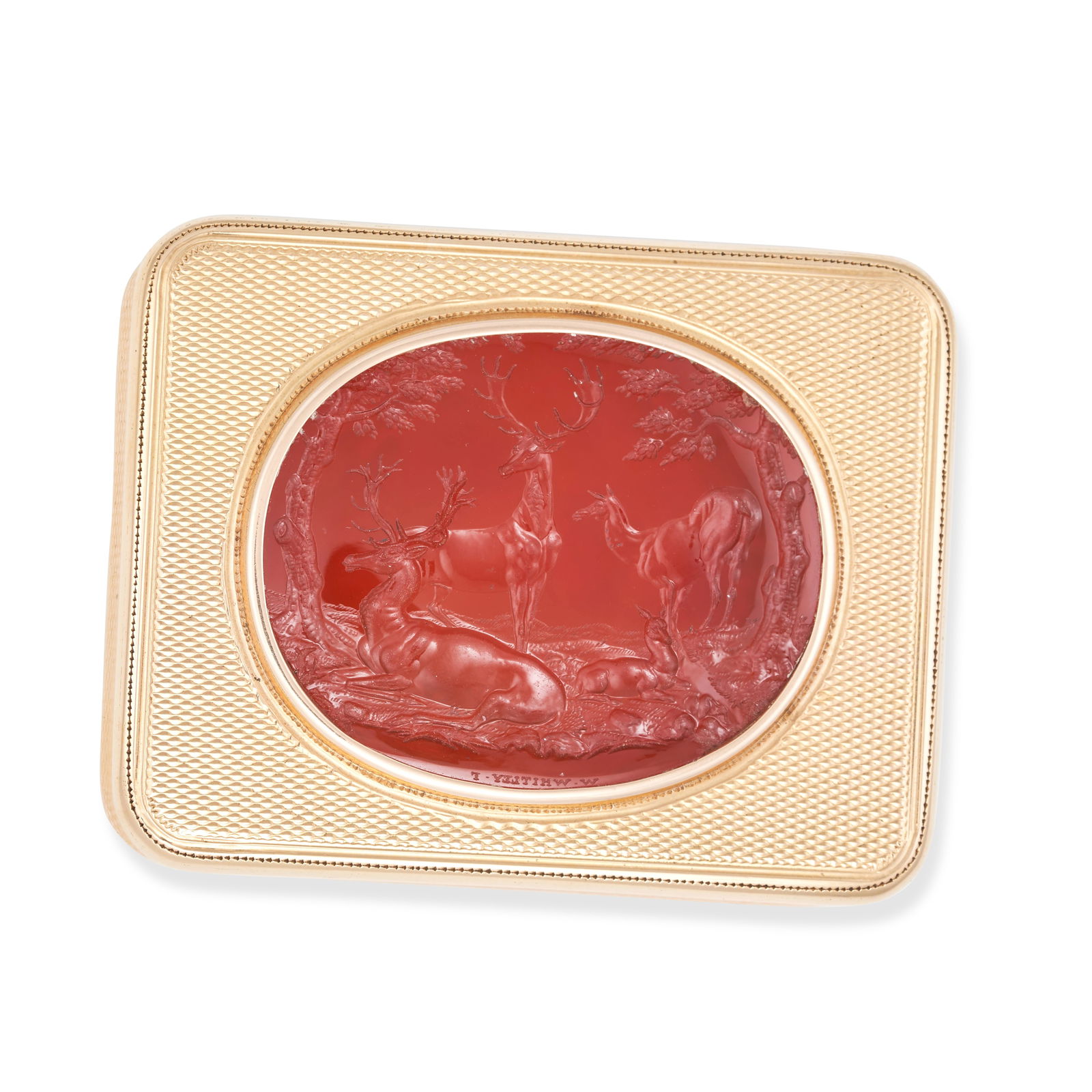 A RARE ANTIQUE GEORGE III CARNELIAN INTAGLIO SNUFFBOX, LONDON 1815 in 18ct yellow gold, the lid set (1 of 2)