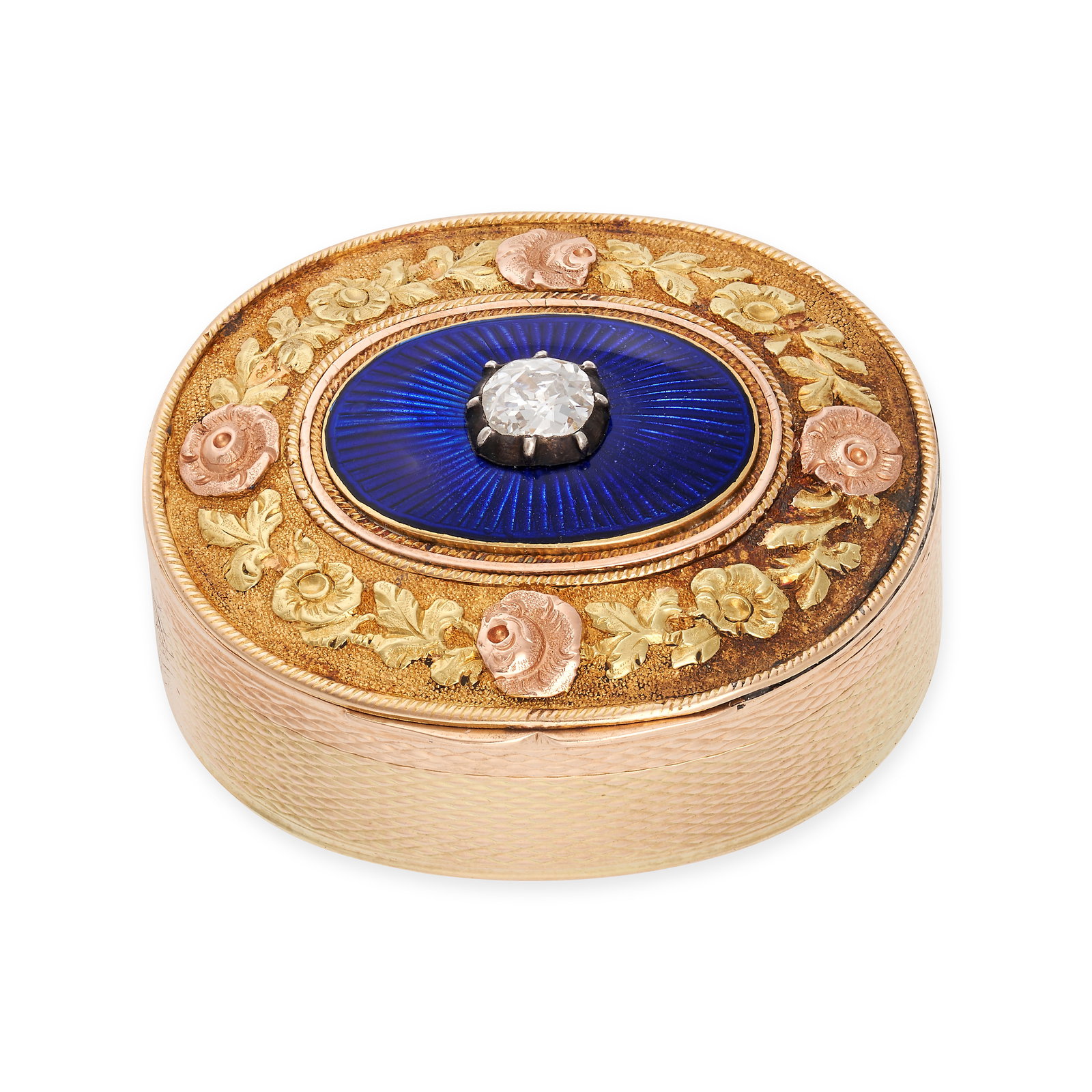AN ANTIQUE ENAMEL AND DIAMOND VINAIGRETTE in yellow gold, the lid of the oval shaped vinaigrette set (1 of 2)