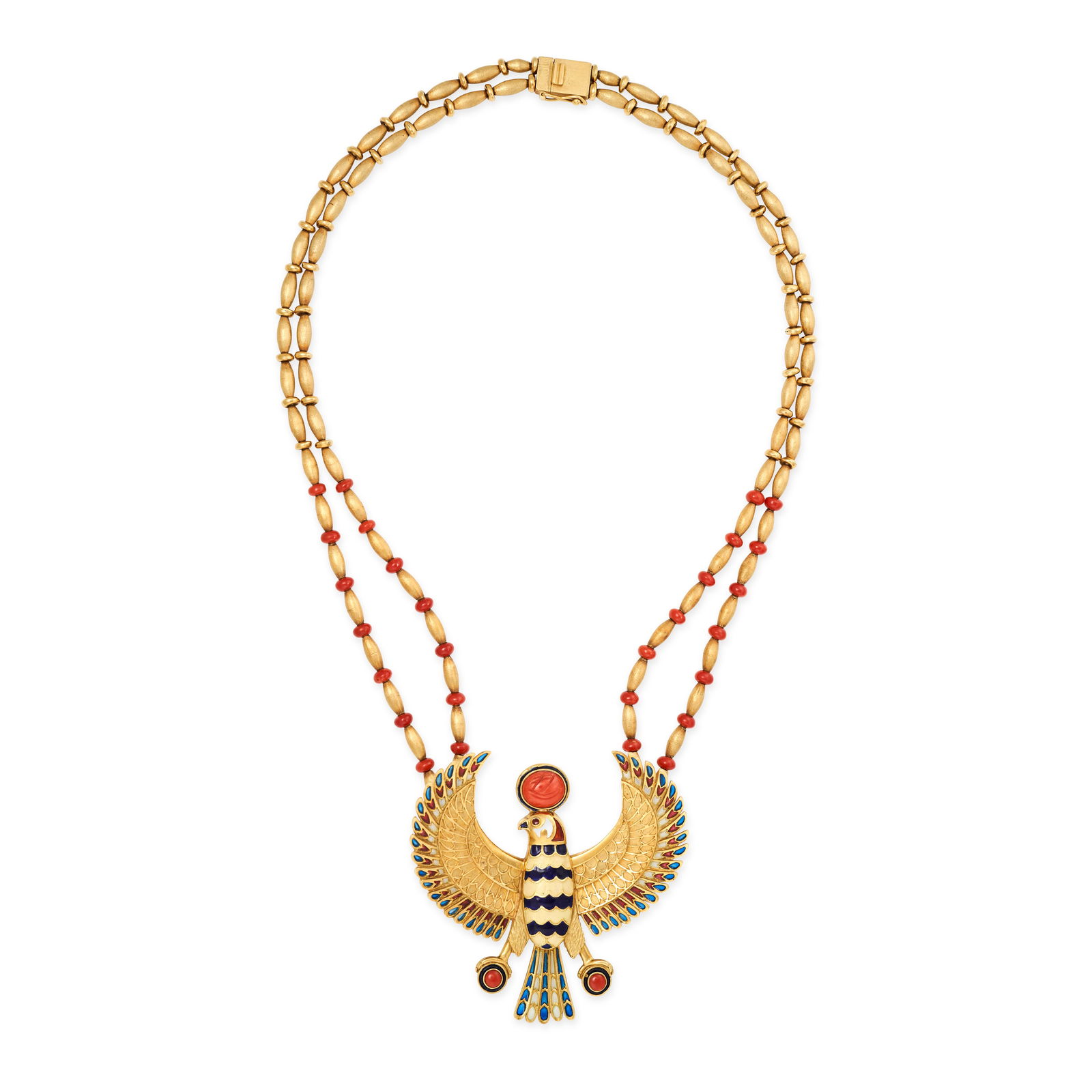 AN EGYPTIAN REVIVAL CORAL AND ENAMEL NECKLACE in 18ct yellow gold, comprising two rows of polished (1 of 1)