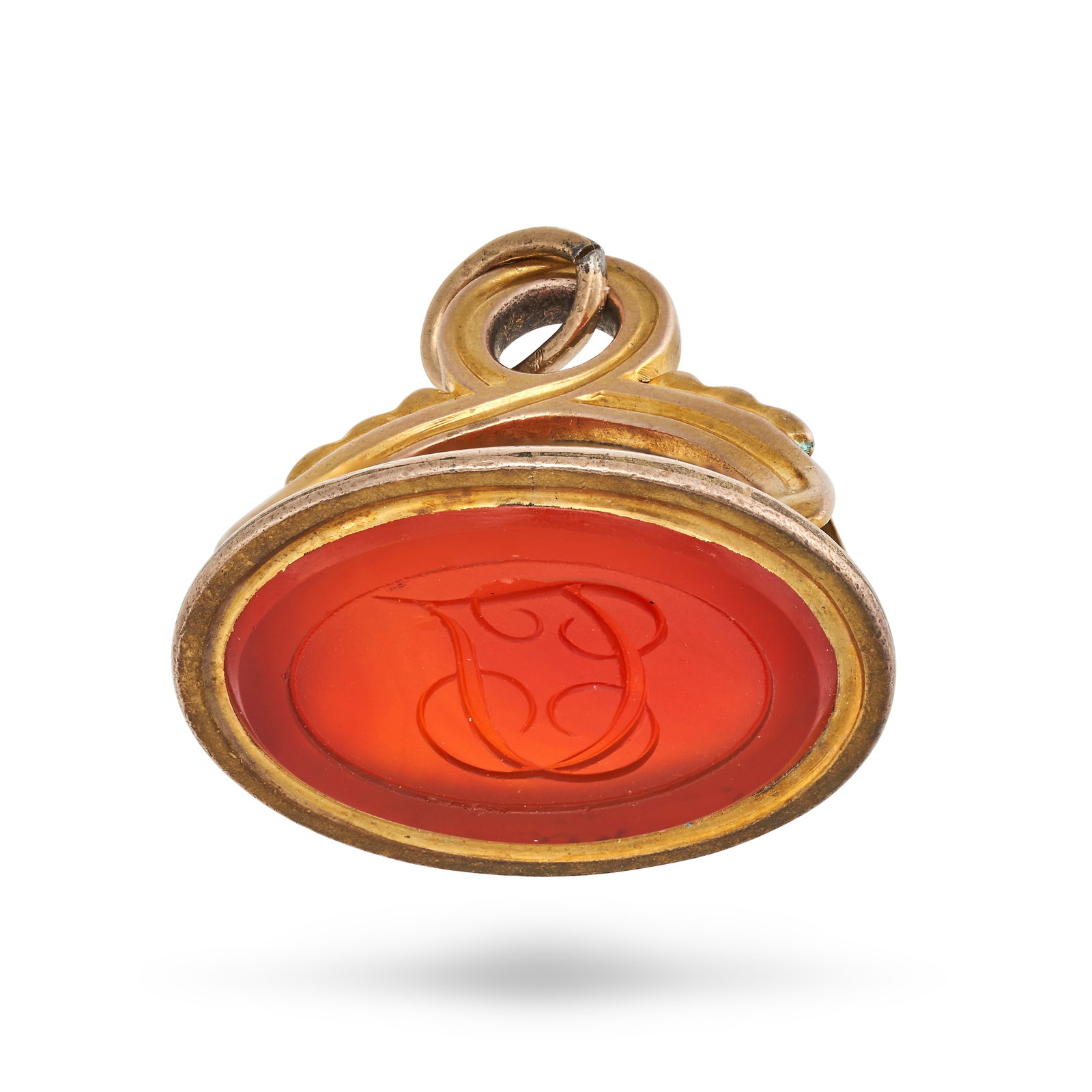 NO RESERVE - AN ANTIQUE FOB SEAL the fob set with a carnelian intaglio carved with a monogram, no: NO RESERVE - AN ANTIQUE FOB SEAL the fob set with a carnelian intaglio carved with a monogram, no assay marks, 2.6cm, 8.5g.