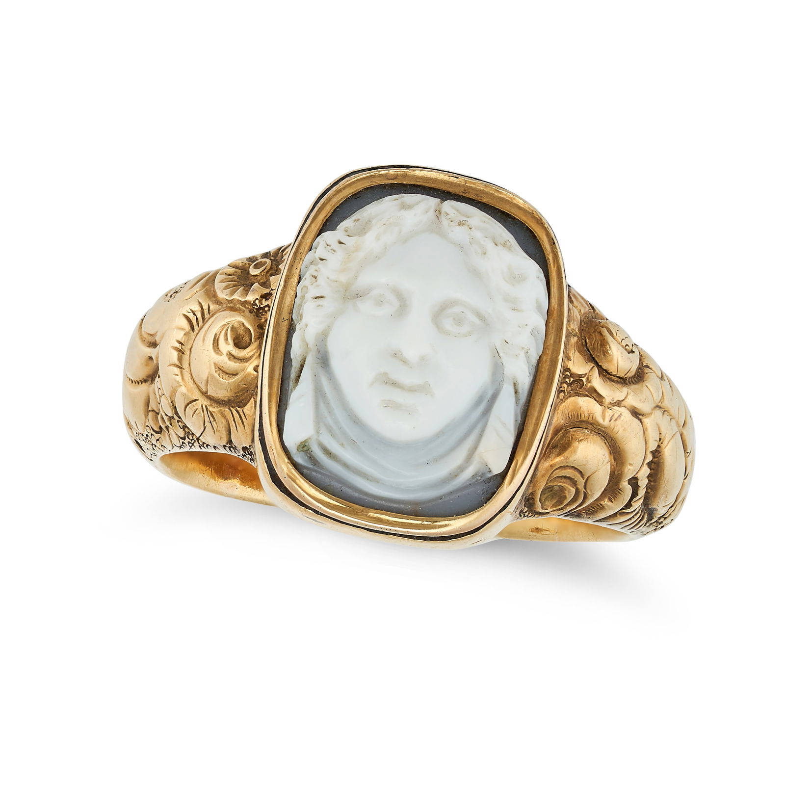 AN ANTIQUE AGATE CAMEO RING in yellow gold, set with a carved agate cameo depicting the bust of a: AN ANTIQUE AGATE CAMEO RING in yellow gold, set with a carved agate cameo depicting the bust of a classical man, on a foliate band, no assay marks, size W1/2 / 11.25, 7.6g.