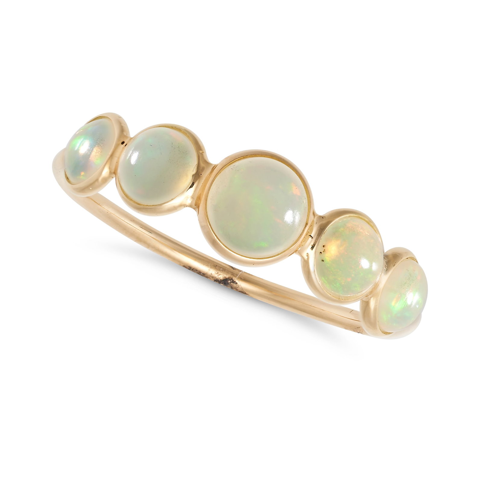 AN OPAL HALF ETERNITY RING in 18ct yellow gold, set with a row of round cabochon opals totalling (1 of 2)