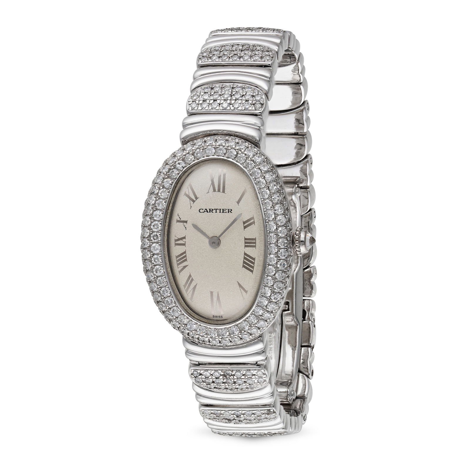 CARTIER - A LADIES CARTIER BAIGNOIRE in 18ct white gold, 1951, quartz movement, the silvered oval (1 of 2)