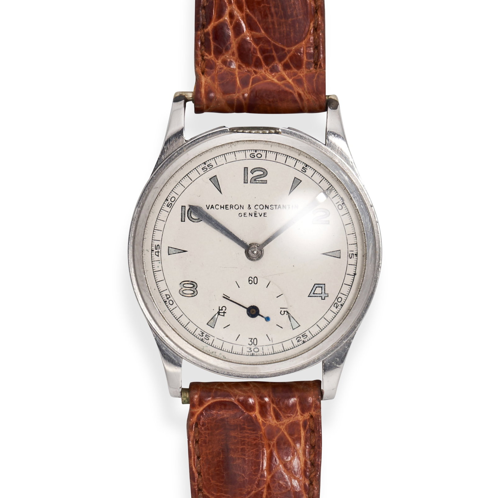 VACHERON & CONSTANTIN - A VINTAGE VACHERON & CONSTANTIN WRISTWATCH in stainless steel, 2604C6, the: VACHERON & CONSTANTIN - A VINTAGE VACHERON & CONSTANTIN WRISTWATCH in stainless steel, 2604C6, the circular white dial with alternating arabic numeral and arrow markers, subsidiary seconds dial at the