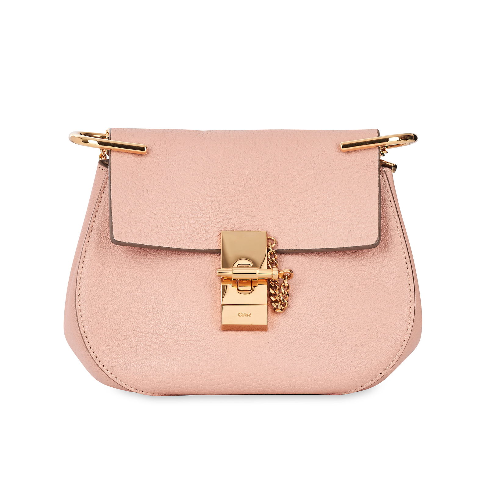 CHLOE MINI DREW SHOULDER BAG Condition grade B+. 19.5cm long, 15cm high. 53cm chain drop. Pale ...: CHLOE MINI DREW SHOULDER BAG Condition grade B+. 19.5cm long, 15cm high. 53cm chain drop. Pale pink toned grained leather with gold toned hardware and lock detailing. Beige toned suede lined interior,