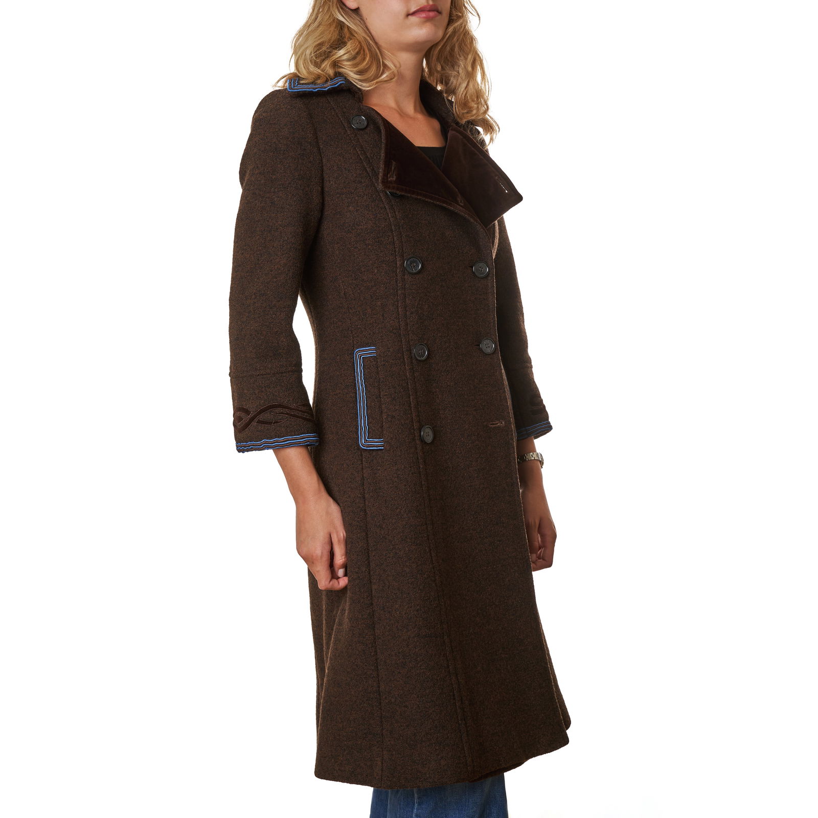 NO RESERVE - ETRO MILANO BROWN AND BLUE LONGLINE COAT Condition grade B-. Italian size 42. 80cm...: NO RESERVE - ETRO MILANO BROWN AND BLUE LONGLINE COAT Condition grade B-. Italian size 42. 80cm chest, 105cm length. Deep brown toned wool coat with electric blue toned trims and inner lining, velvet