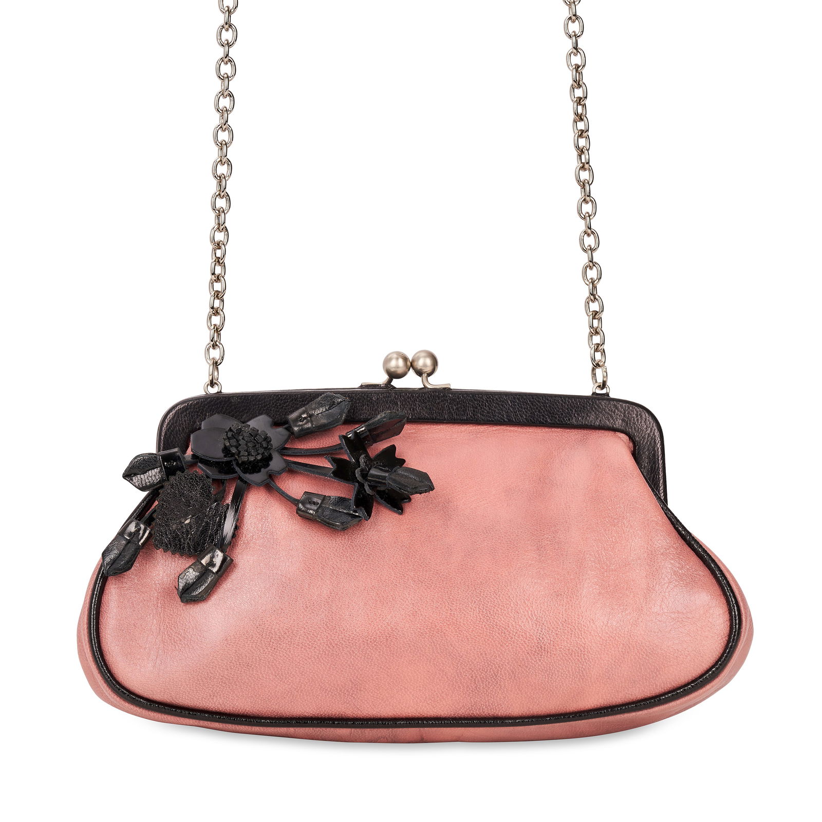 PRADA VINTAGE PINK AND BLACK FLOWER BAG Condition grade B. 18cm long, 10cm high. 45cm chain str...: PRADA VINTAGE PINK AND BLACK FLOWER BAG Condition grade B. 18cm long, 10cm high. 45cm chain strap drop. Pink leather bag with black leather trims, flower detailing, silver hardware, and framed clasp c