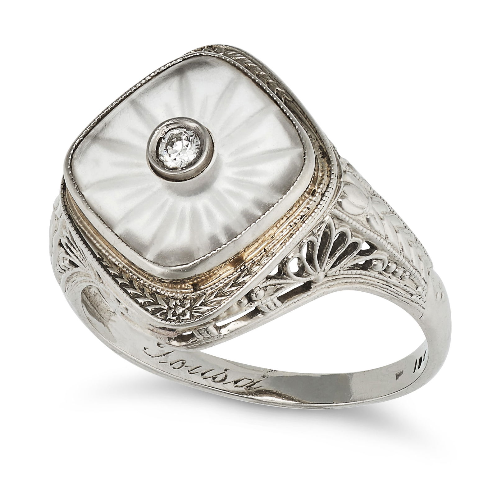 A ROCK CRYSTAL AND DIAMOND RING in 18ct white gold, set with an etched rock crystal with an applied (1 of 1)