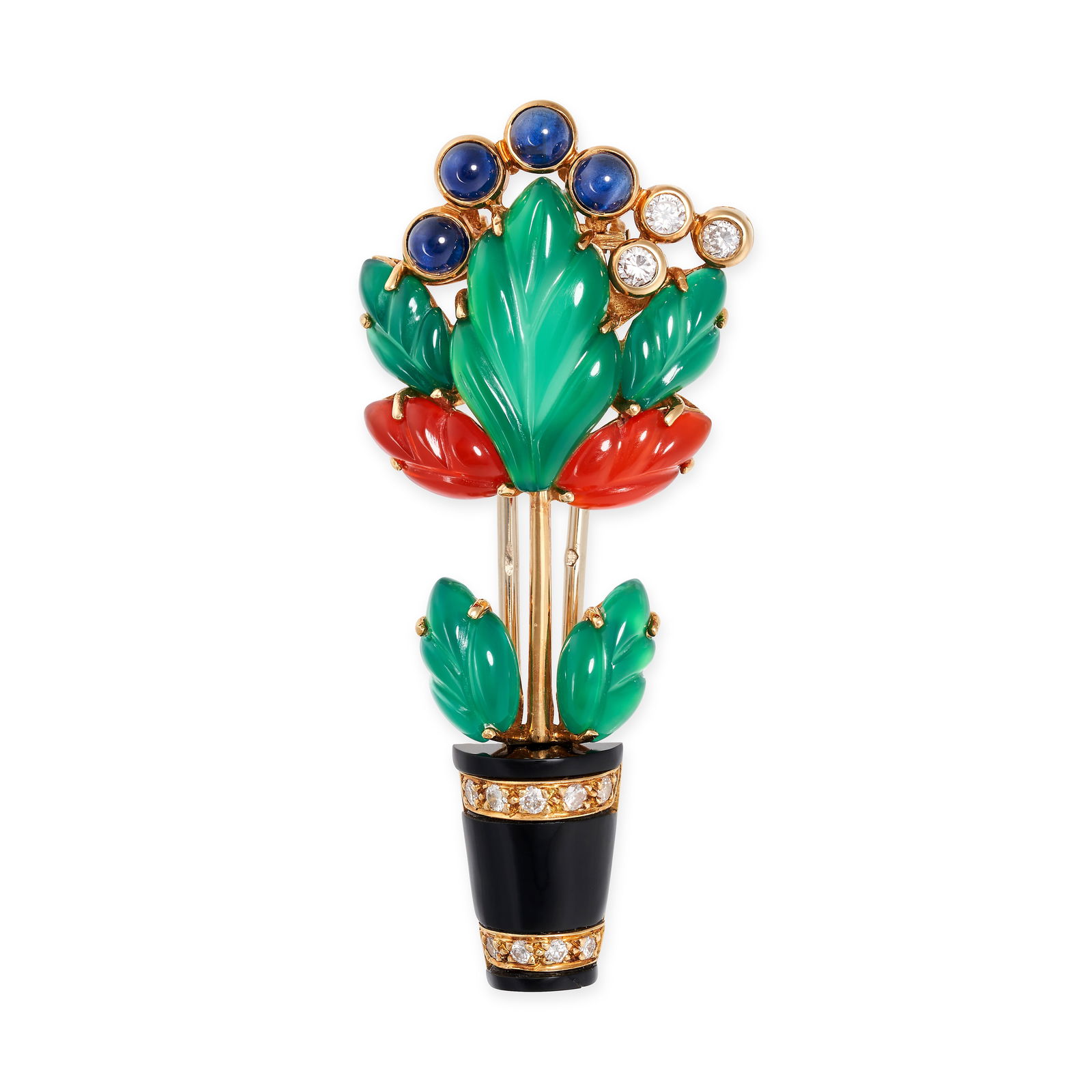 CARTIER, A VINTAGE MULTIGEM TUTTI FRUTTI PLANT POT BROOCH, CIRCA 1990 in 18ct yellow gold, the pot (1 of 3)