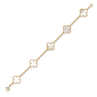 VAN CLEEF & ARPELS, A MOTHER OF PEARL ALHAMBRA BRACELET in 18ct yellow gold, comprising five: VAN CLEEF & ARPELS, A MOTHER OF PEARL ALHAMBRA BRACELET in 18ct yellow gold, comprising five quatrefoil links set with mother of pearl, connected by lengths of chain, signed VCA and numbered, French