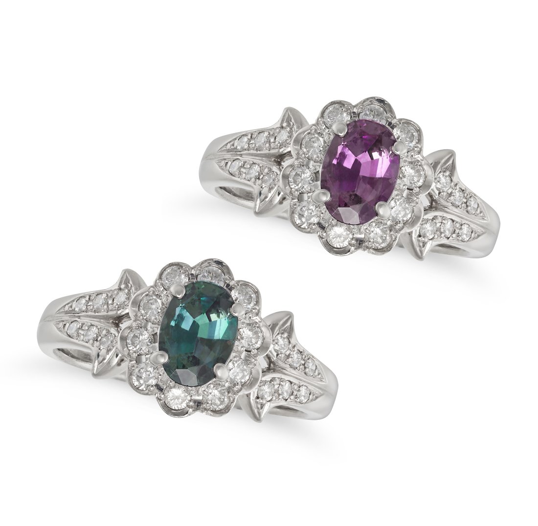 A VERY FINE ALEXANDRITE AND DIAMOND CLUSTER RING in platinum, set with an oval cut alexandrite of (1 of 3)
