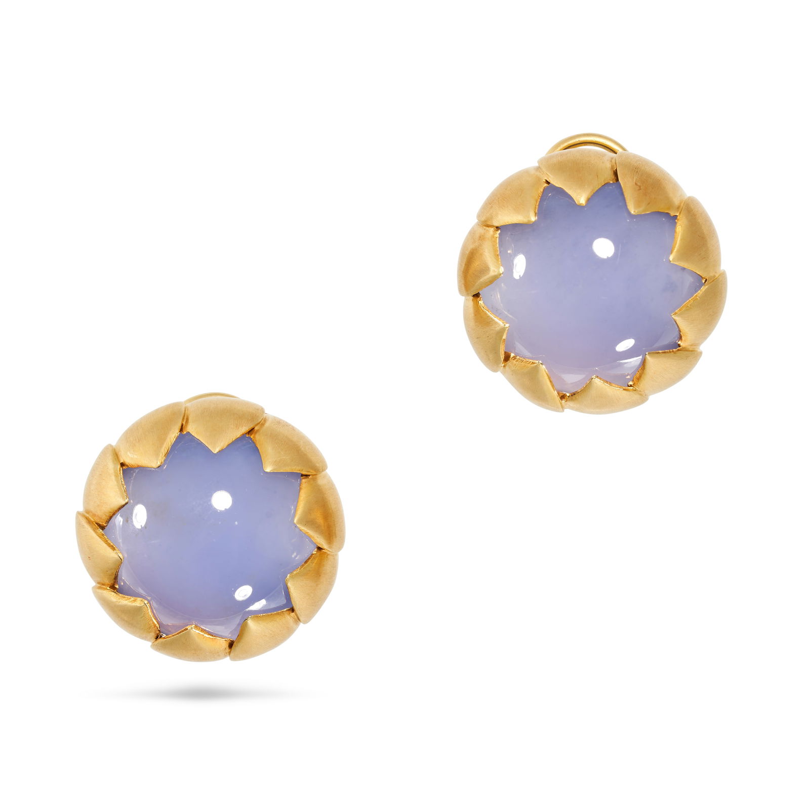 REBECCA KOVEN, A PAIR OF BLUE CHALCEDONY EARRINGS in 18ct yellow gold, each set with a large round (1 of 2)