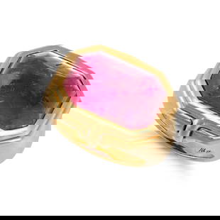 BULGARI, A RUBY RING in 18ct yellow gold, set with a fancy cabochon cut ruby of 10.80 carats,: BULGARI, A RUBY RING in 18ct yellow gold, set with a fancy cabochon cut ruby of 10.80 carats, inscribed 10.80, signed Bvlgari, stamped 18K, size G1/2 / 3.5, 17.1g.