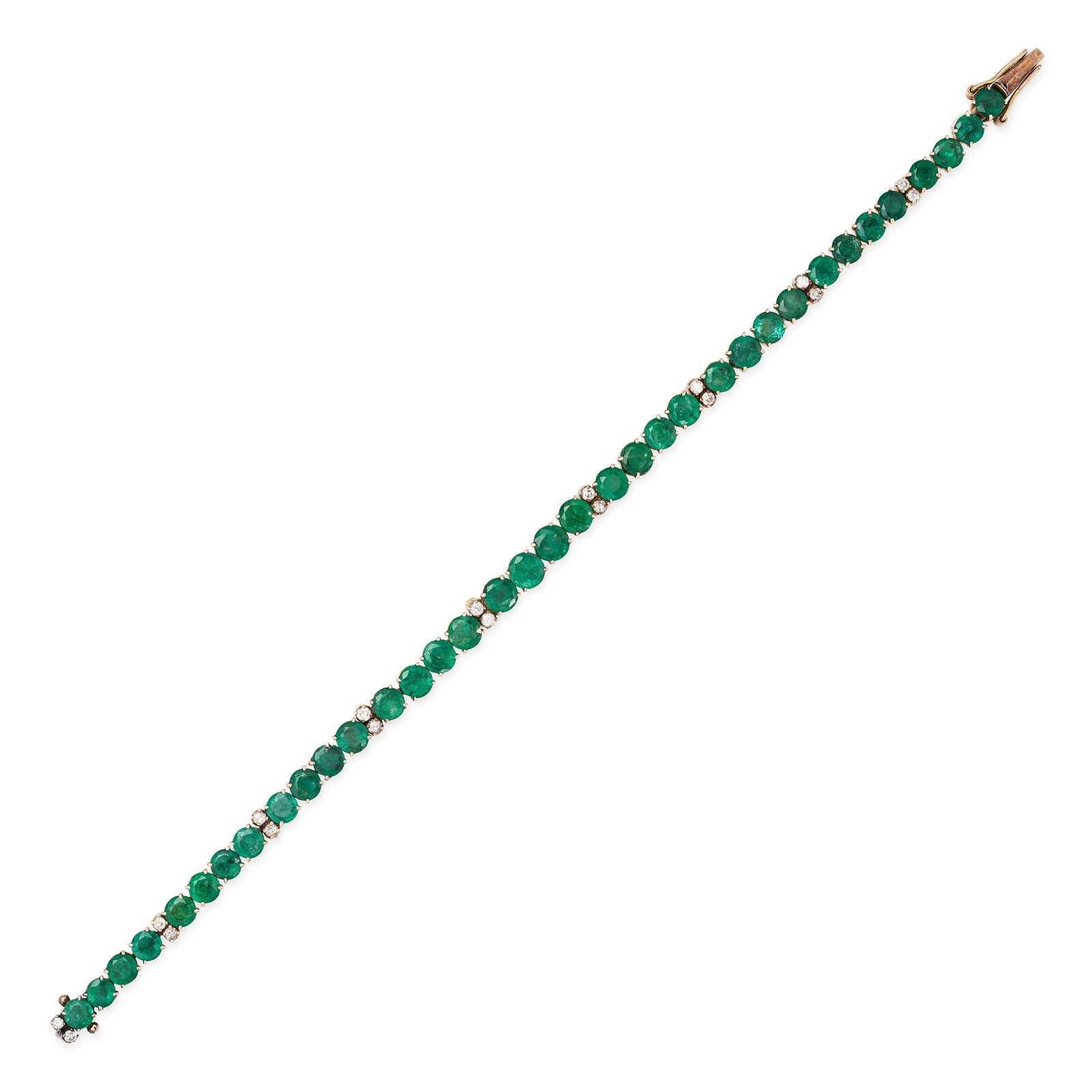 AN EMERALD AND DIAMOND LINE BRACELET in yellow gold, the bracelet set with a row of graduated round (1 of 1)