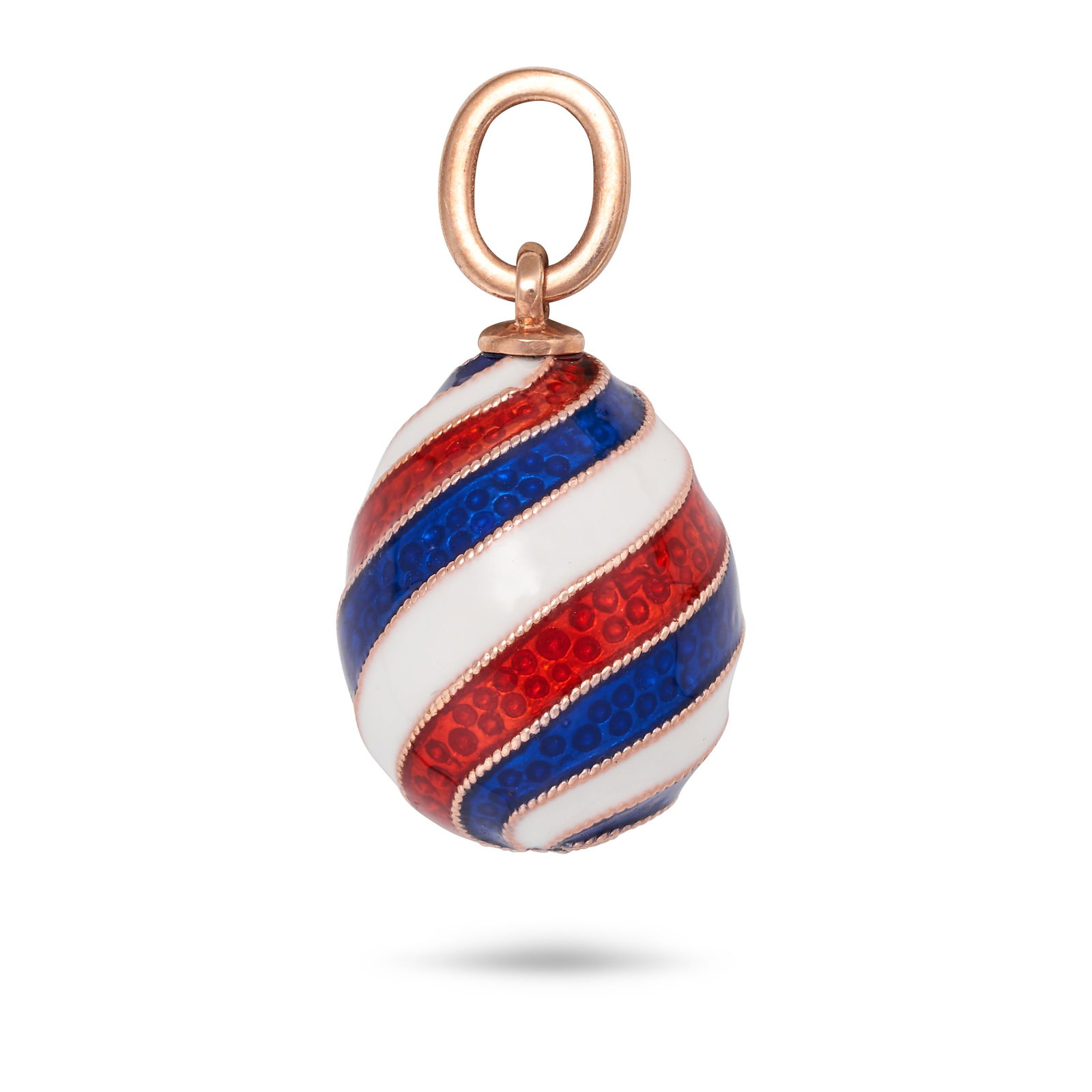 AN ENAMEL EGG CHARM / PENDANT in 56 zolotnik gold, decorated with red, white and blue enamel in a (1 of 1)
