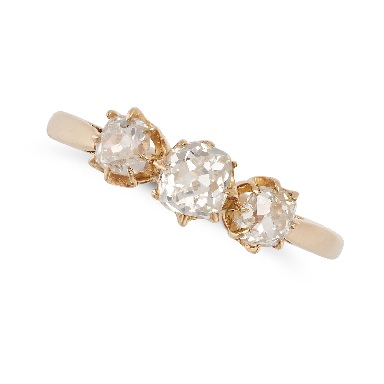 ASPREY, A DIAMOND THREE STONE RING in 9ct yellow gold, set with three old cut diamonds, the diamonds (1 of 2)