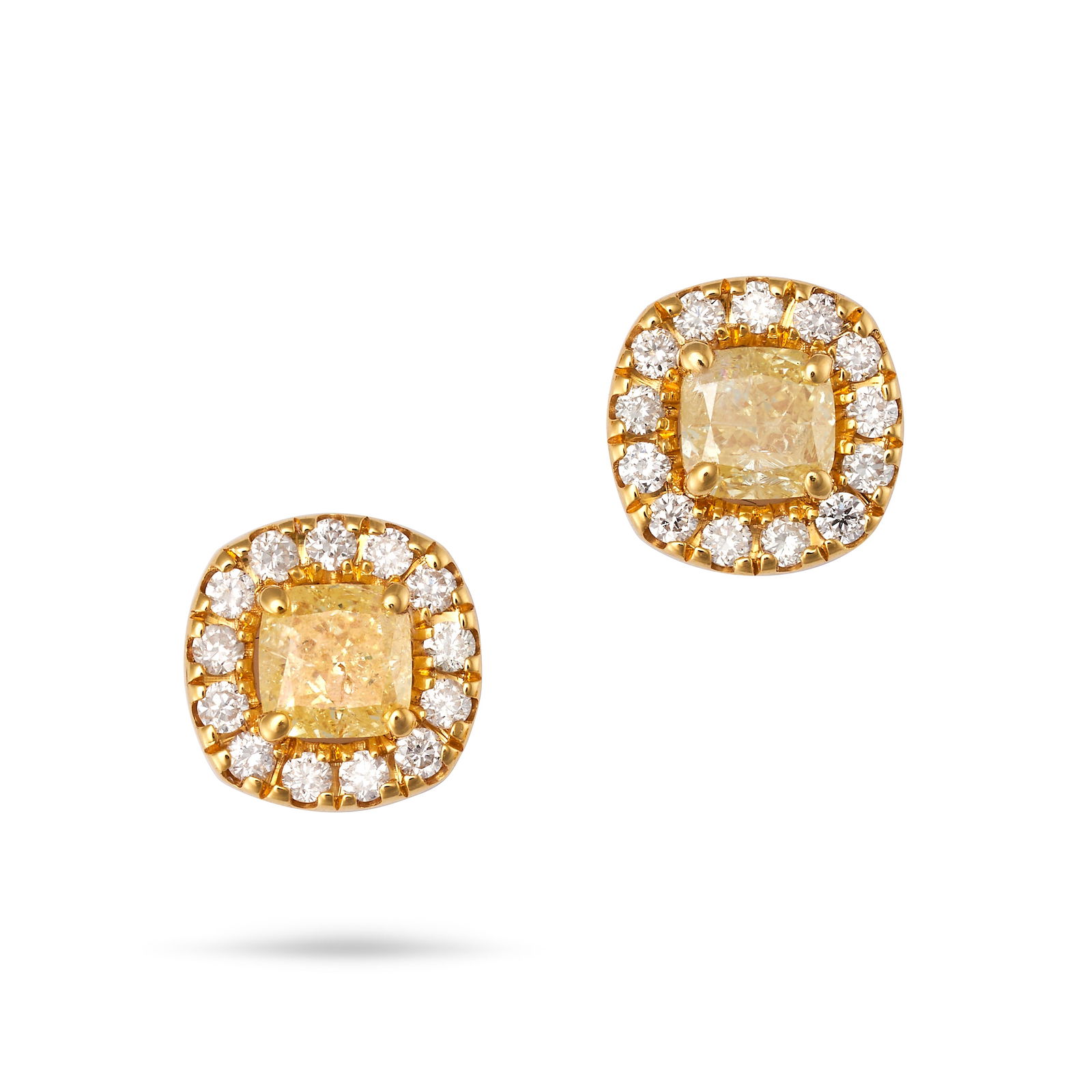 A PAIR OF YELLOW DIAMOND CLUSTER EARRINGS in yellow gold, each set with a cushion cut yellow diamond (1 of 1)