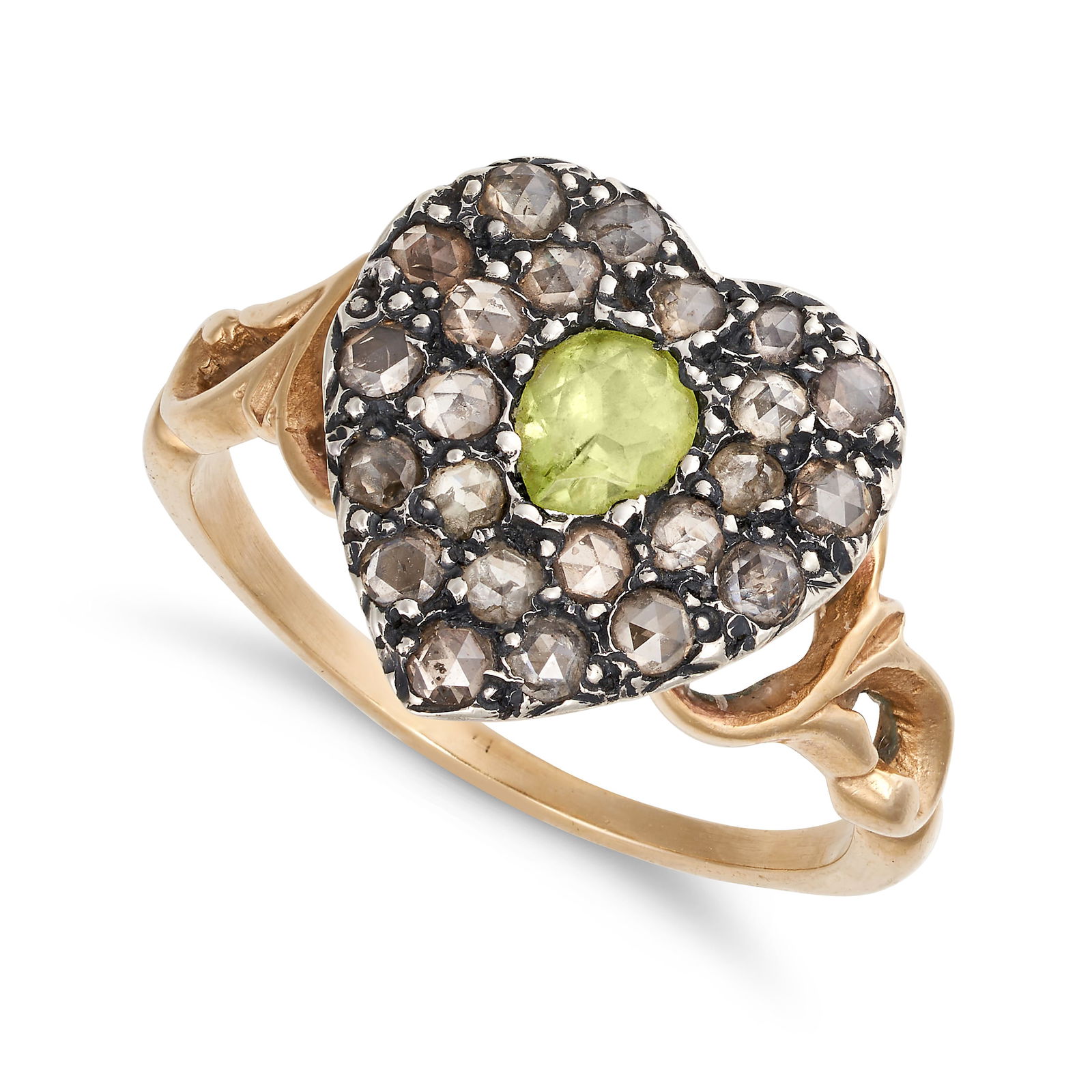 A PERIDOT AND DIAMOND HEART RING in yellow gold and silver, the heart shaped ring set with a pear (1 of 1)