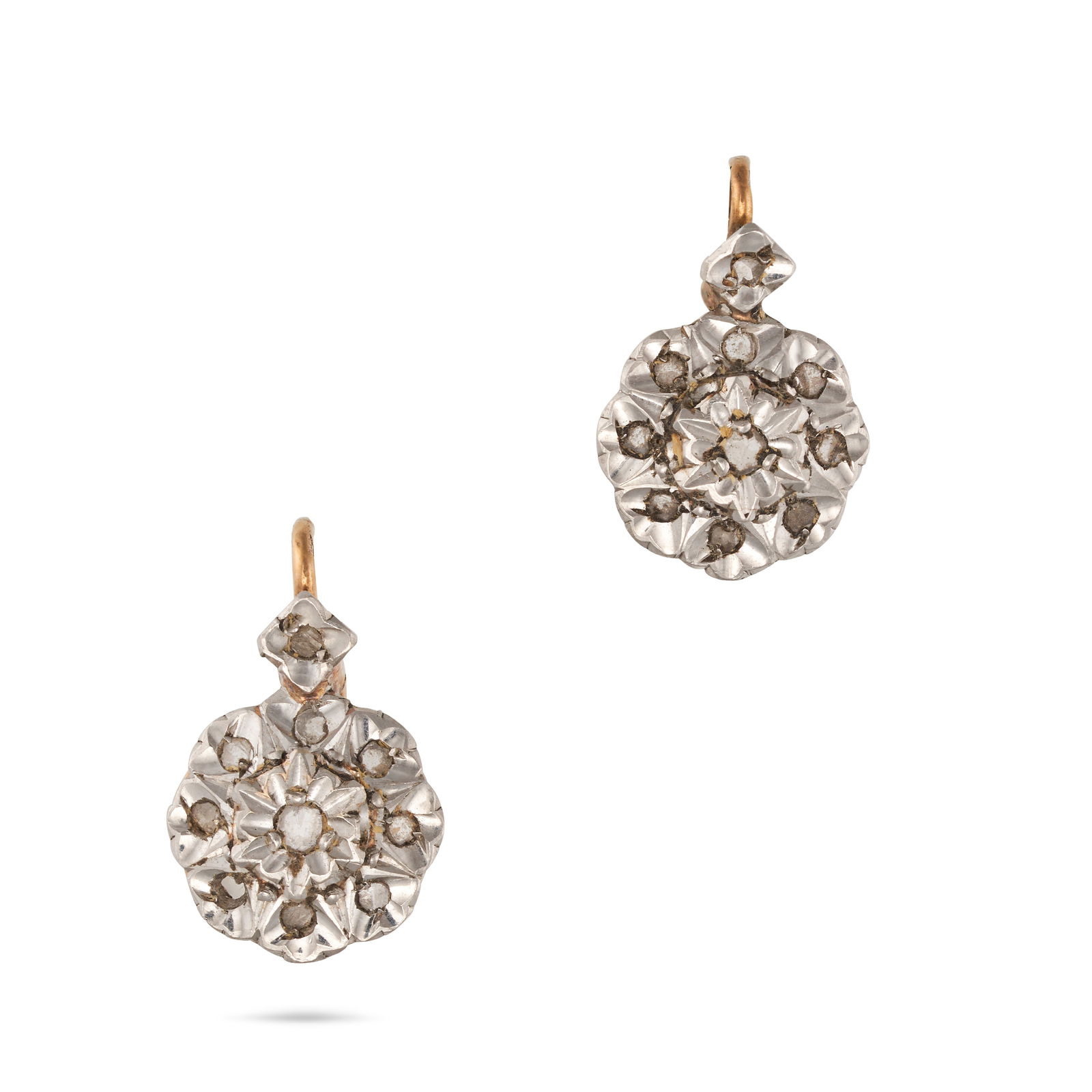 NO RESERVE  - A PAIR OF ANTIQUE DIAMOND CLUSTER EARRINGS in yellow gold and silver, each set with a (1 of 1)