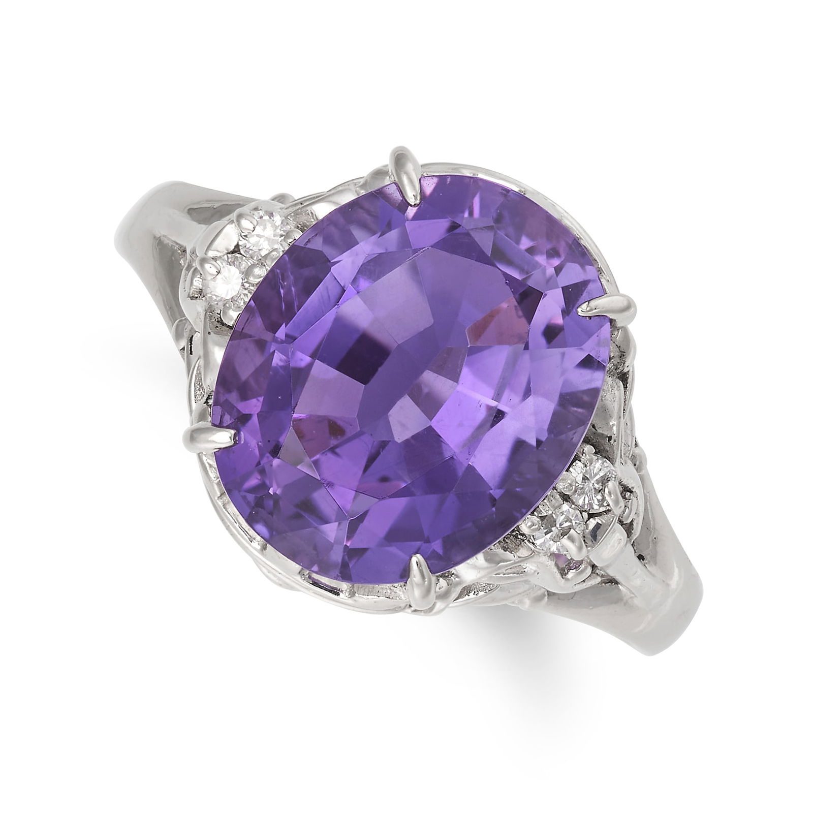 NO RESERVE - AN AMETHYST AND DIAMOND DRESS RING in platinum, set with an oval cut amethyst accented (1 of 1)