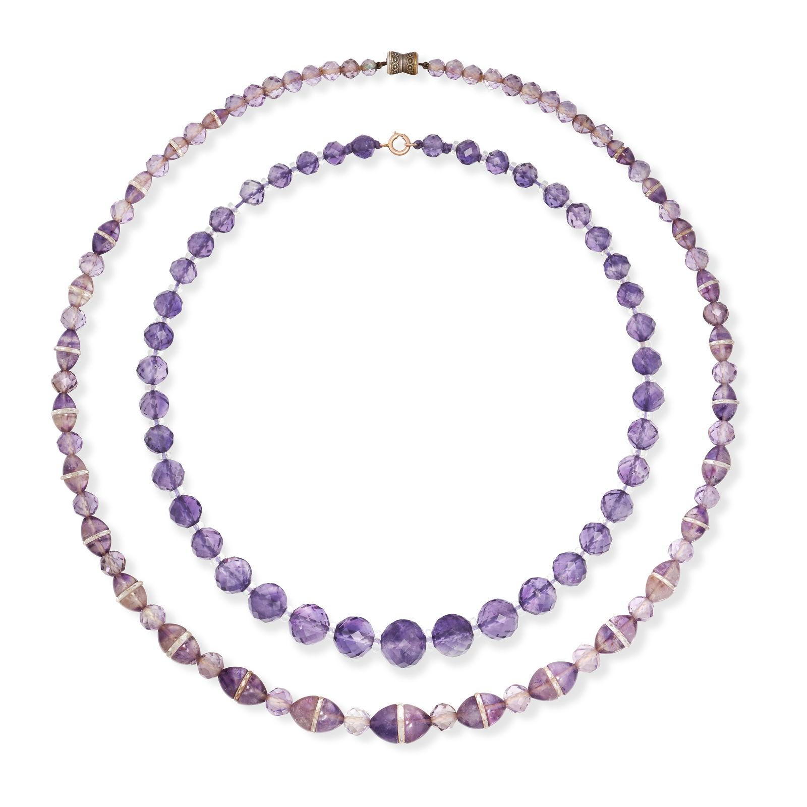 NO RESERVE - TWO AMETHYST AND GLASS NECKLACES in yellow gold, each comprising a row of faceted (1 of 3)
