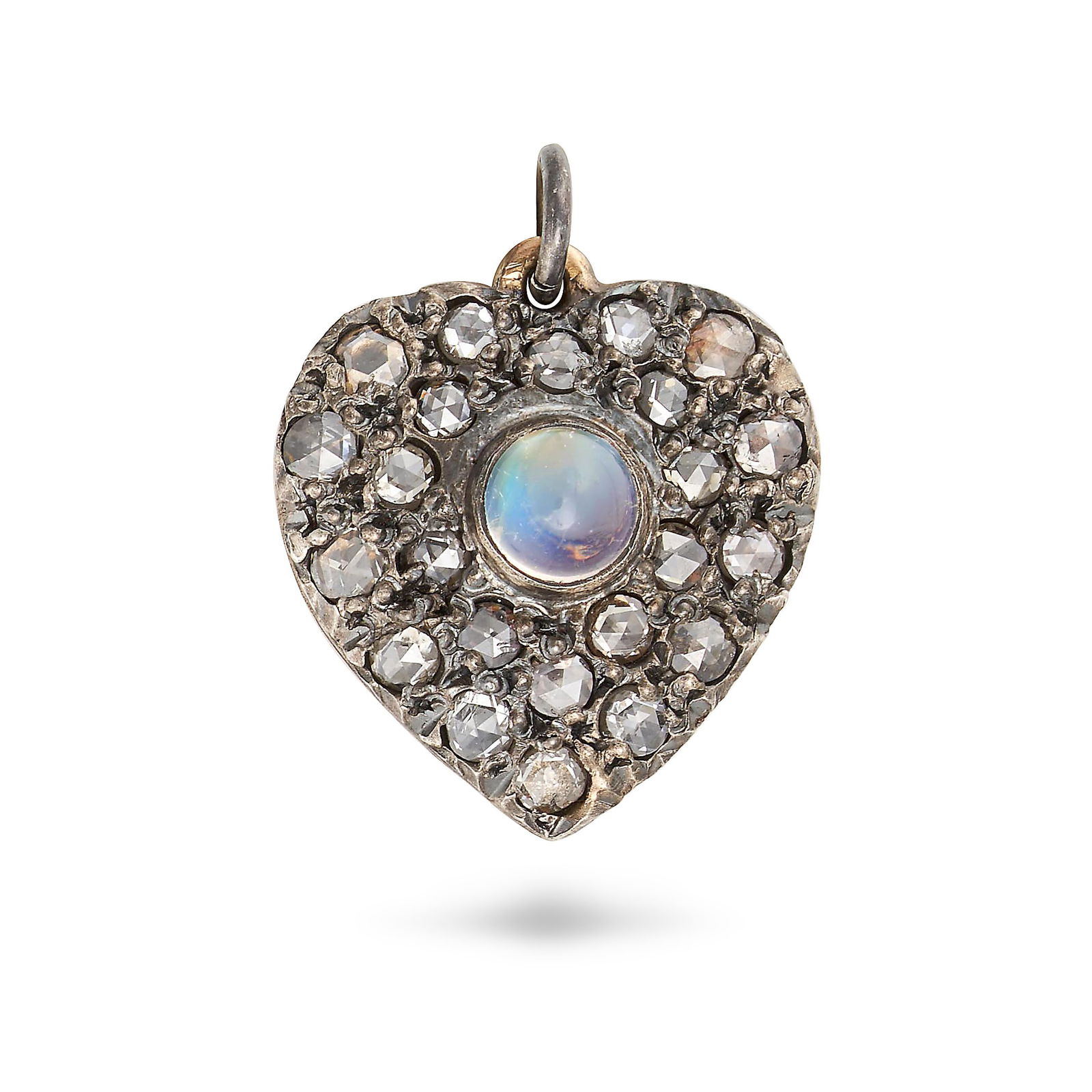 A MOONSTONE AND DIAMOND HEART PENDANT in yellow gold and silver, set with a round cabochon (1 of 1)