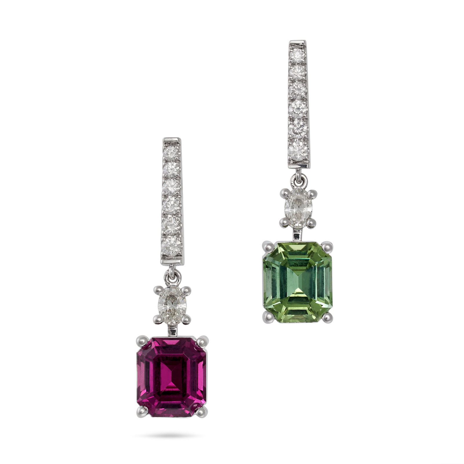 A PAIR OF DIAMOND AND TOURMALINE DROP EARRINGS in 18ct white gold, each comprising a row of round (1 of 1)