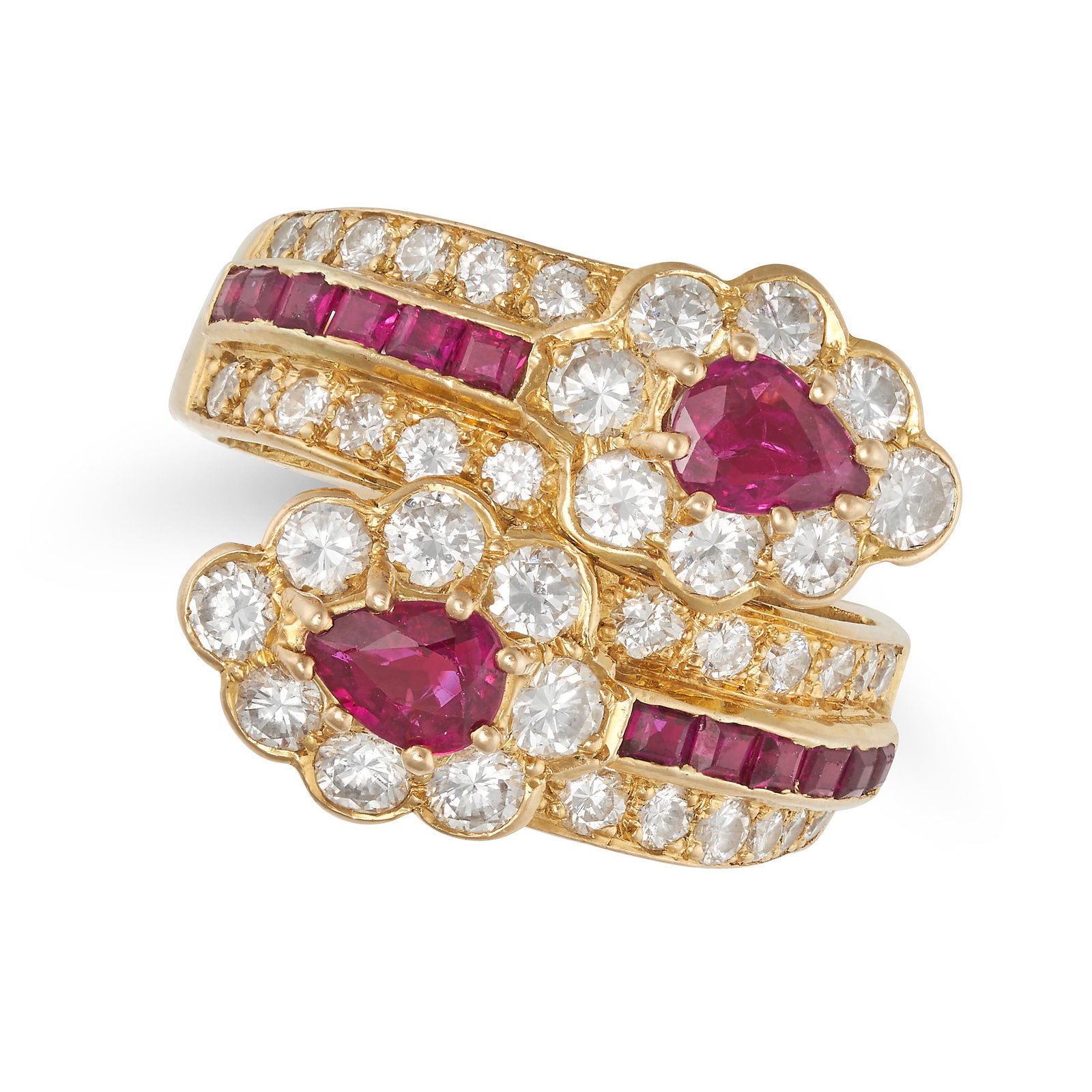 GRAFF, A RUBY AND DIAMOND CLUSTER CROSSOVER RING in 18ct yellow gold, in cross over design, each end (1 of 1)