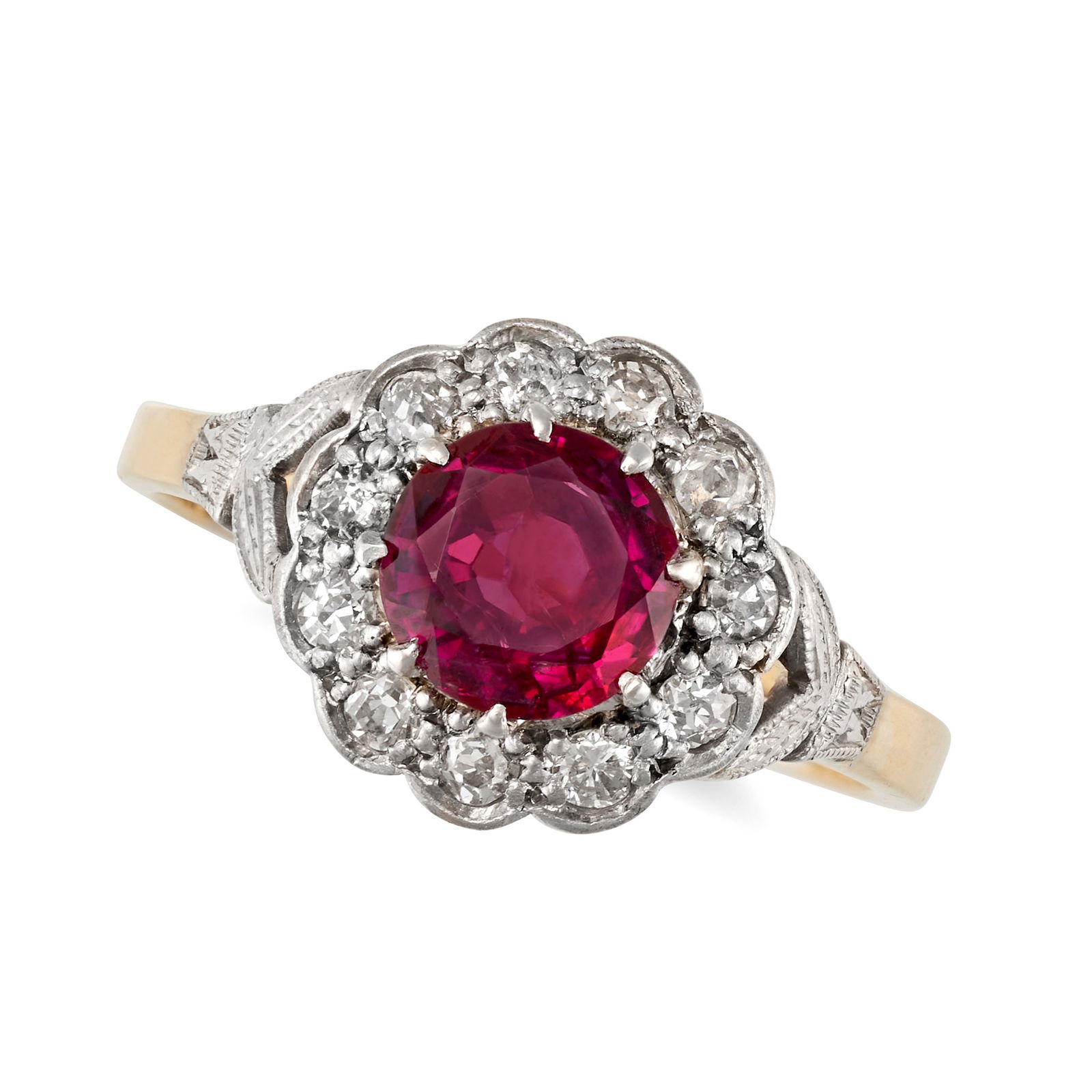 AN UNHEATED RUBY AND DIAMOND CLUSTER RING in 18ct yellow gold and platinum, set with a round cut (1 of 1)