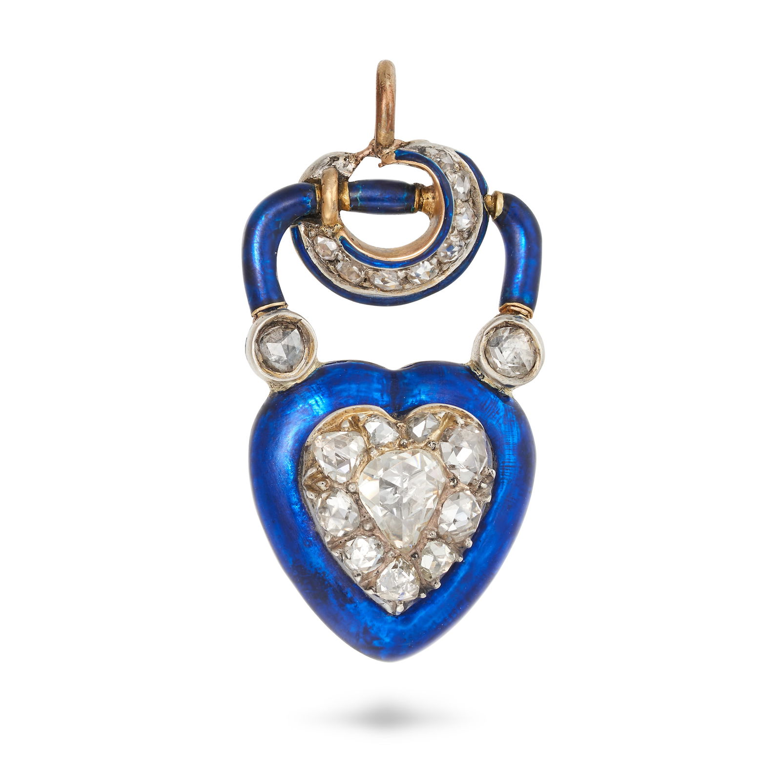 AN ANTIQUE VICTORIAN DIAMOND AND ENAMEL LOCKET PENDANT in yellow gold, designed as a heart shaped (1 of 1)