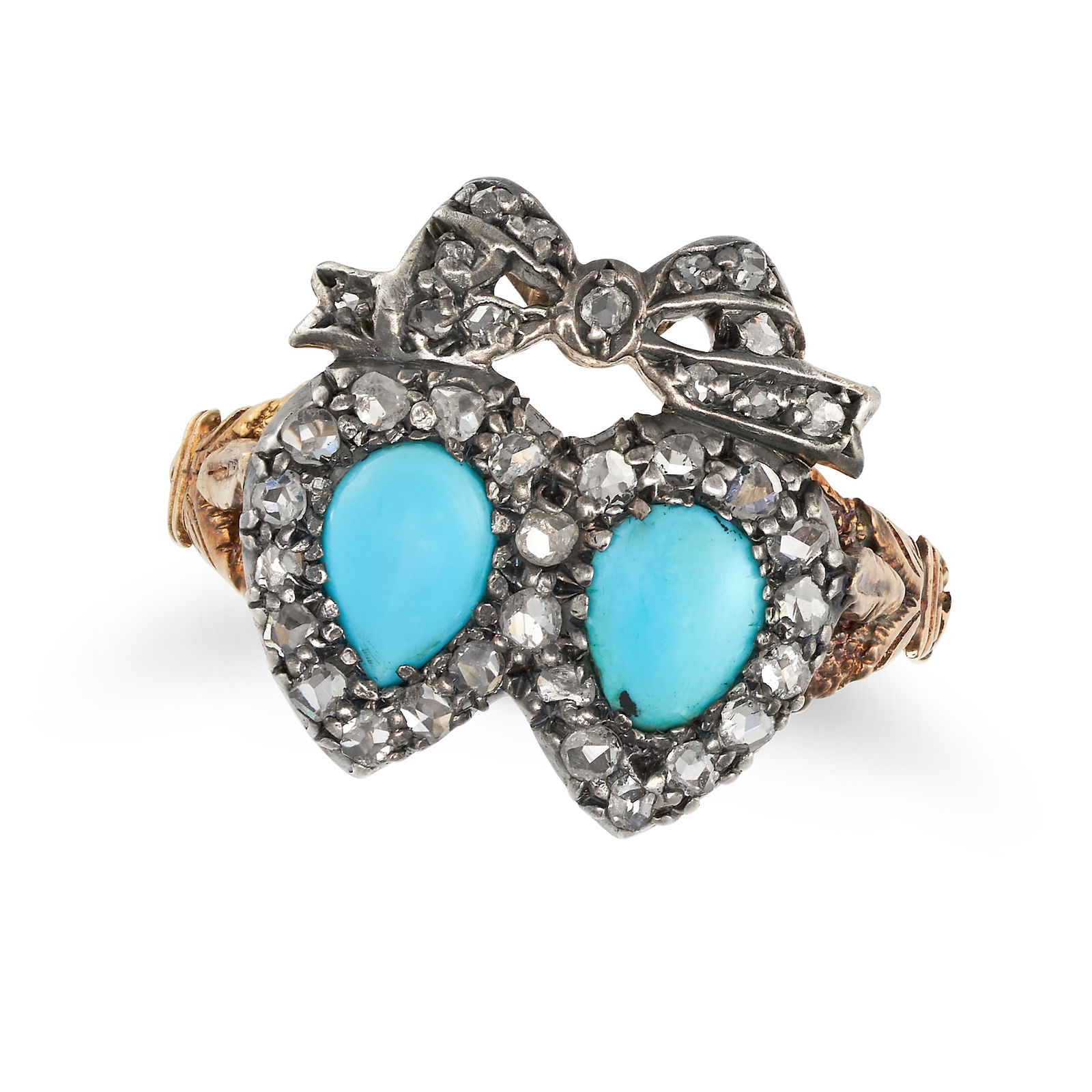 A TURQUOISE AND DIAMOND SWEETHEART RING in yellow gold and silver, designed as a ribbon above two (1 of 1)